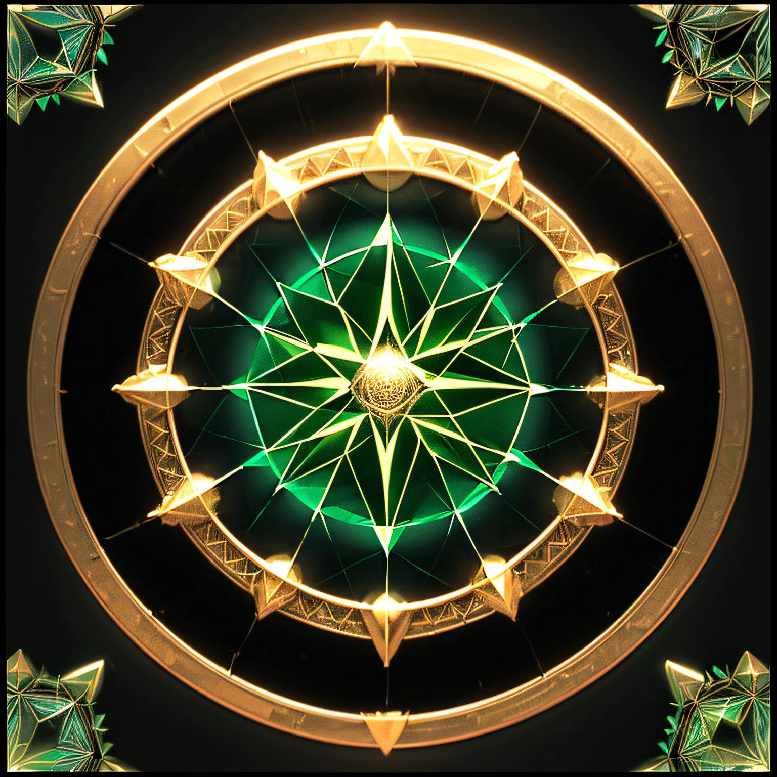 (((Transparent Radiance, Tokenframe, Smooth Blank Round Frame, Symmetrical, sophisticated, Elegant round frame, ))) (Black background), D&D, ((magical circle, Geometrically Correct Holographic Magic_A circle of non-existent runes with a triangular shape)), mint|a gold|Caramel Geometric Highlights, Magic Sigils, Esoteric Symbols, Clear abstract geometry, predominantly mint-golden shades, (Intricate cubic fragments in the frame), (((There's nothing inside the frame))), ((kaleidoscope:1.5)), Round frame with transparent cubic fractal pattern, empty background, ((Refraction of a colored mirror, mirrors, Dark lighting, Ray Tracing)), ST41NEDG, feathers