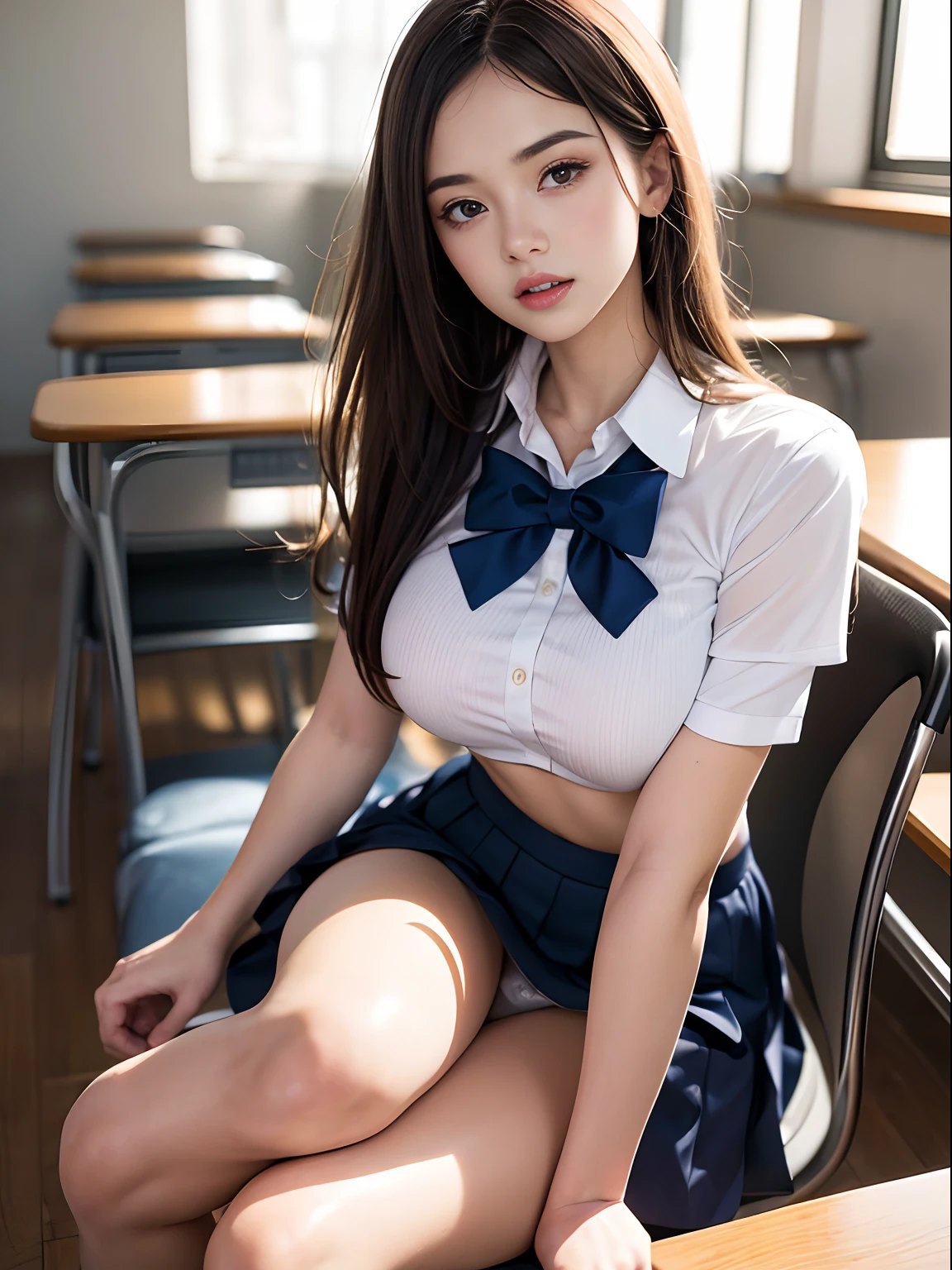 (2 young girls), beautiful girl with beautiful details, RAW photo, (Best quality:1.2), 8K, High details, A high resolution, with the highest quality, High-definition RAW color photo, professional photoshooting, (Fine face:1.2), (Open-chested high school uniform:1.5), Pleated skirt, Indoors, Classroom, desk, chair, Sitting, (Open mouth), (legs are open), (Panties:1.3), (((Bokeh))), depth of fields,