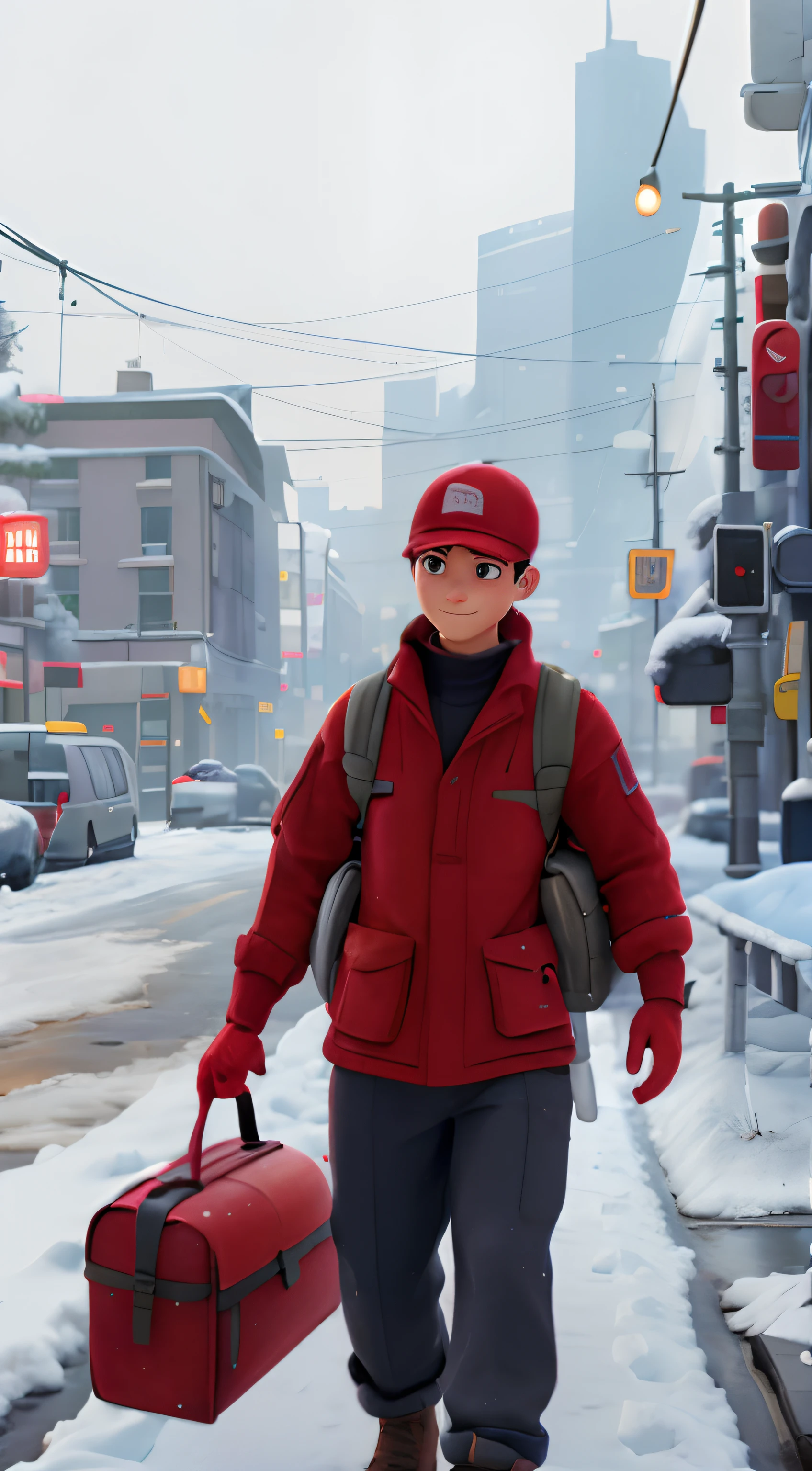 at winter season,Character frontal,Walking on the way to work,1. Wear a red duckbill cap,Wear a red long-sleeved top,Frock trousers,Carrying a rucksack,Toolbox in hand,Handheld toolbox,Adult male engineer,Adults,engineer,Walk on city roads,On the way to work,Winters,nevando,Snow on the ground