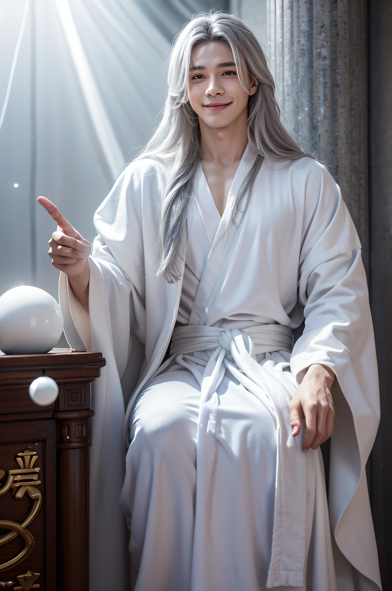 8K,Best quality，Masterpiece, Excellent, Single, 1 person, The male， Teenage uncensored, Male god loses weight, , Silver hair, With a smile，True skin radiance,Long hair, Gray pupils, Clear face，Realistic details，Floating ball of light, White robe, Taoist robes, Relax, , The charm is very spiritual
