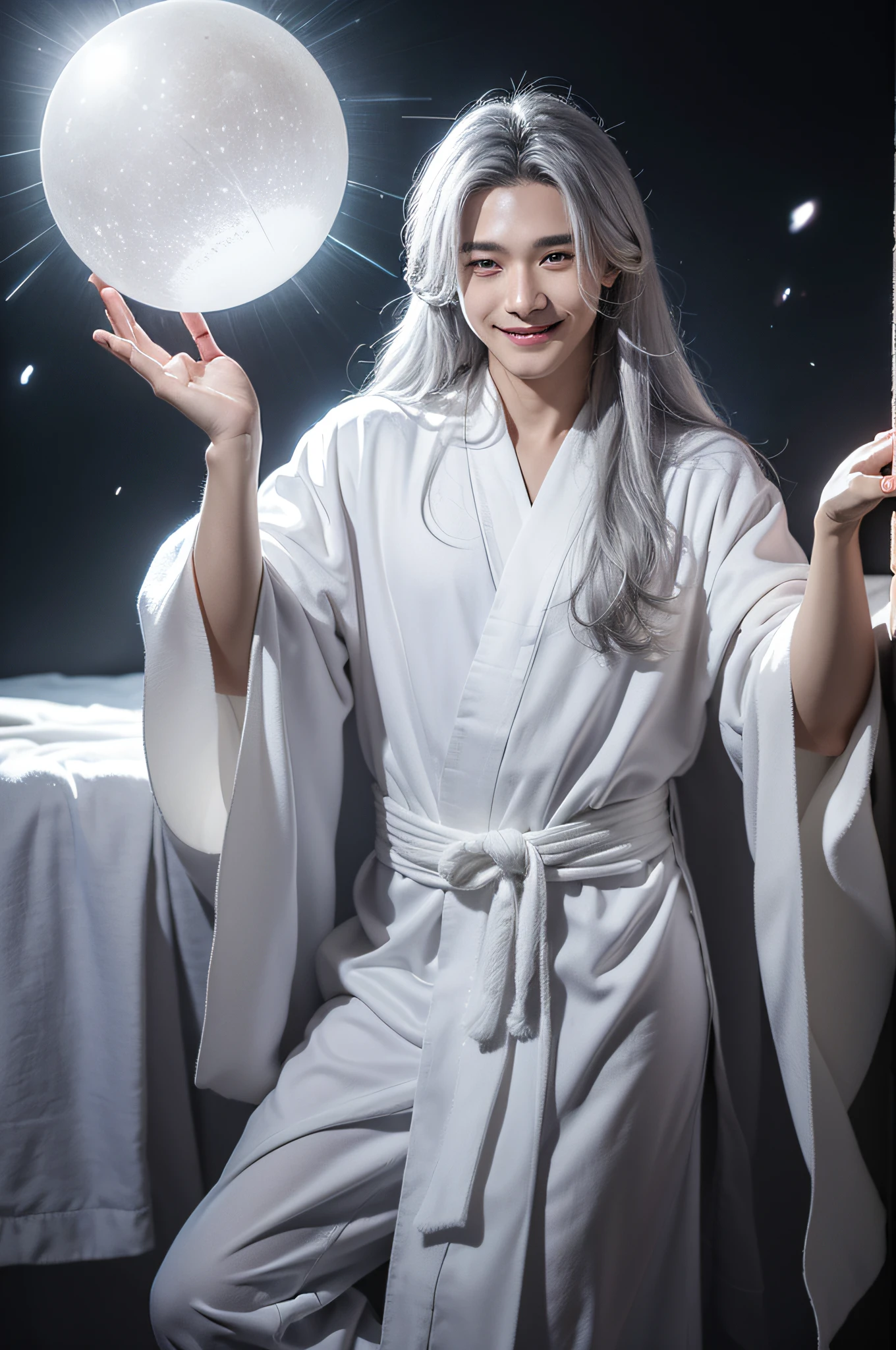 8K,Masterpiece, Excellent, Single, 1 person, The male， Teenage uncensored, Male god loses weight, , Silver hair, With a smile，Long hair, Gray pupils, Floating ball of light, White robe, Taoist robes, Relax, Very spiritual