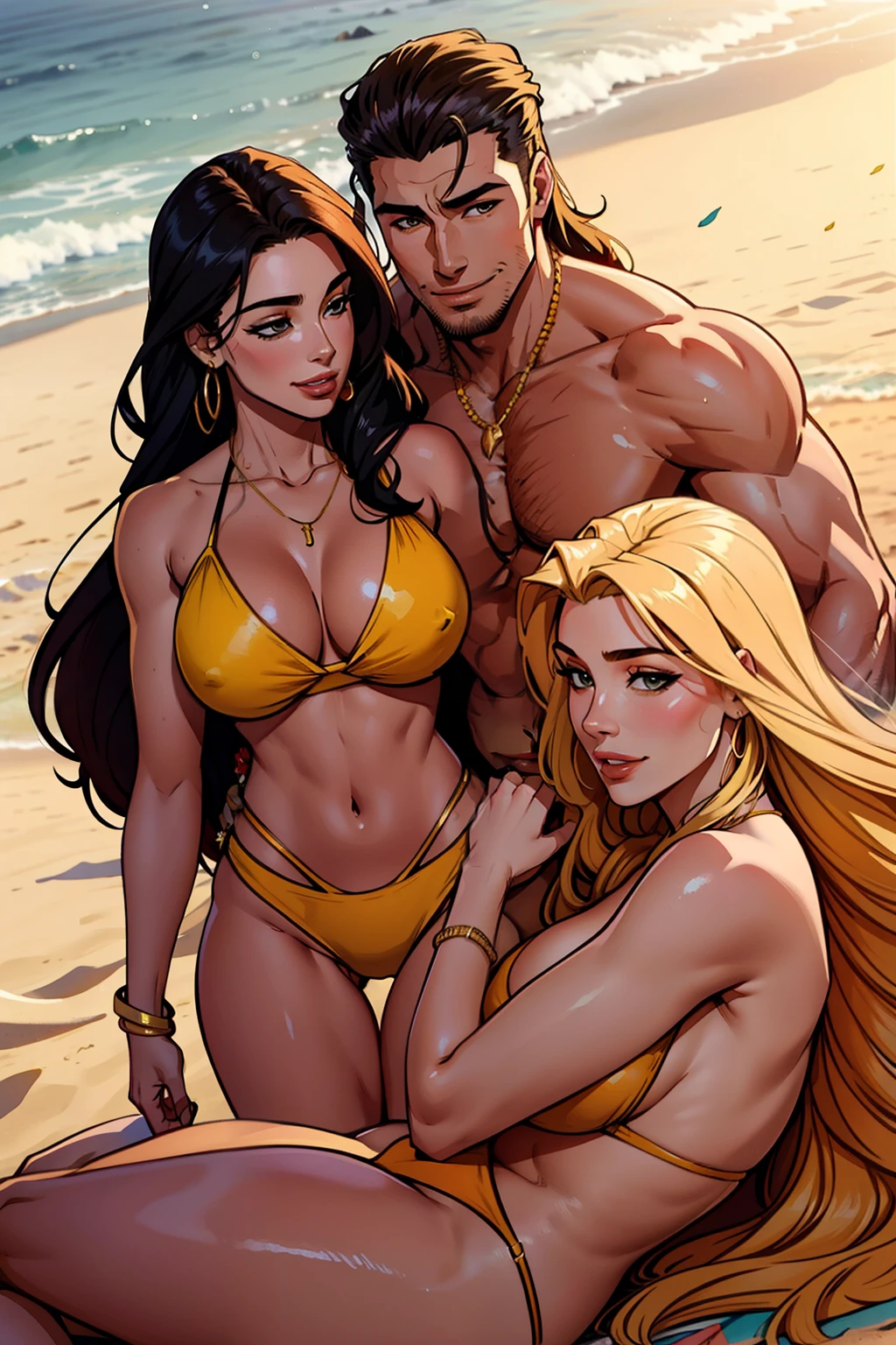 One Handsome Chad hugging three beautiful bitches tackling him and touching him,  dressed for the beach, perfect bodies, women: long flowing hair, flowers in hair, seductive, materials, golden hour, , jewelry, golden hour, photorealistic, masterpiece, in love, grins, perfect faces, Flirtatious, setting: a beach, harem, watercolor, on blanket