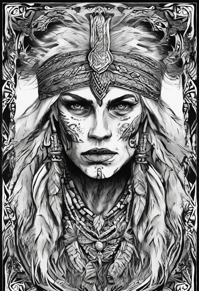 white haired scraggly shirtless tattooed female viking shaman, has blue glowing tattoos