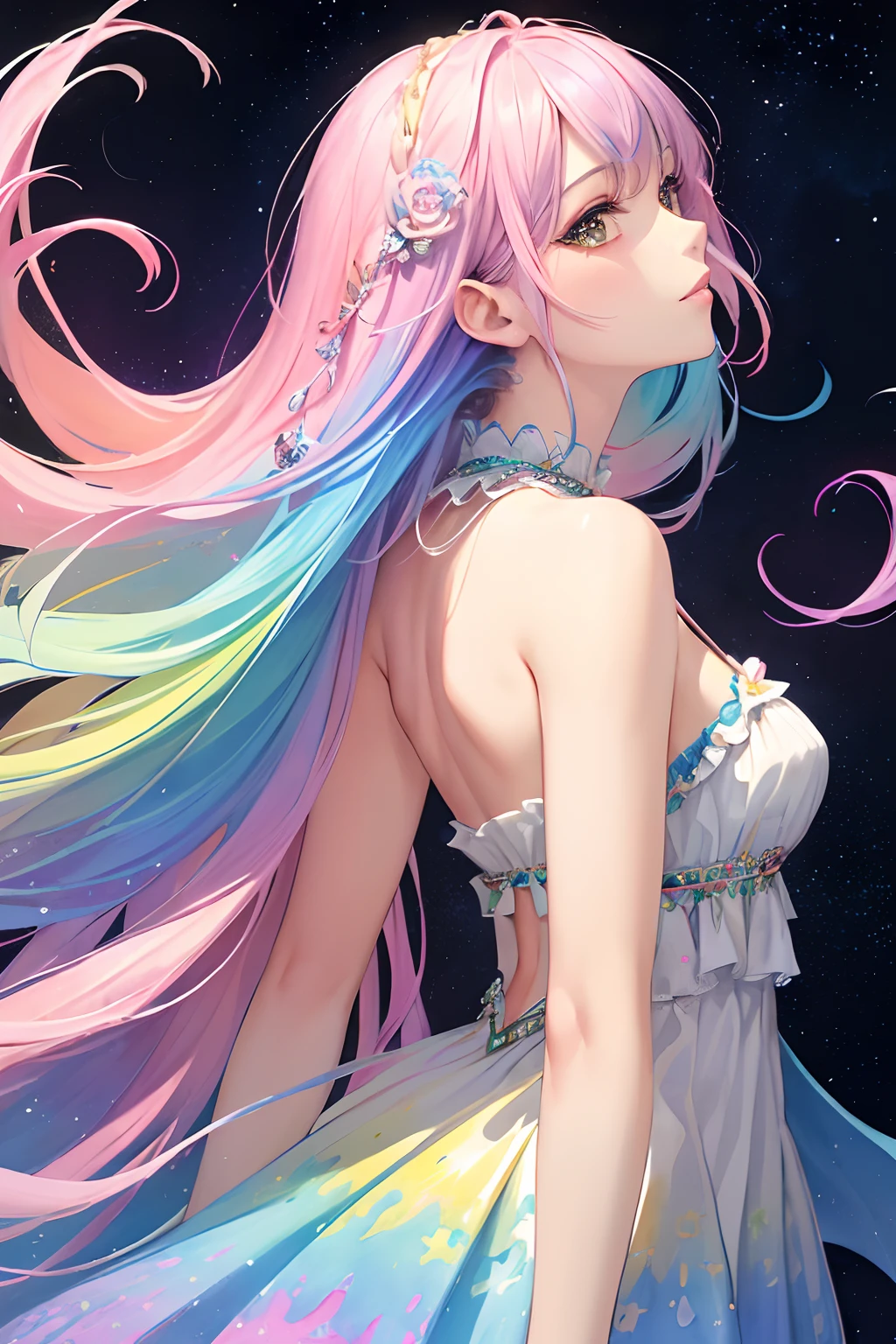 (masterpiece, top quality, best quality,watercolor (medium),official art, beautiful and aesthetic:1.2),(1girl:1.3), (fractal art:1.3),upper body, from side, looking at viewer,patterns,(rainbow color Hair,colorful hair,half blue and half pink hair:1.2),water,liquid, cloud,colorful, starry,stars,