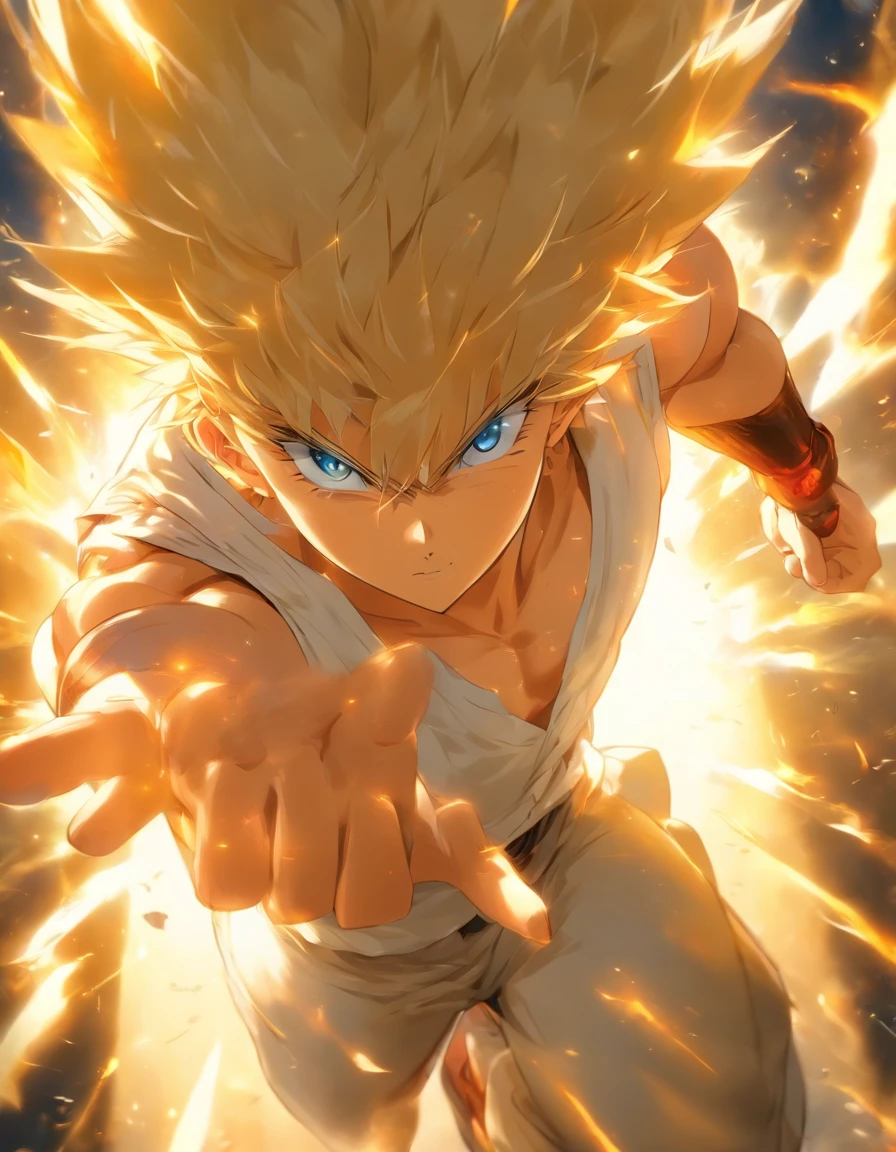 foreshortening,  depth of field, masterpiece, best quality, 1man, blonde hair, blue eyes,  short hair, wearing white and gold hole vest, solo, looking at viewer, standing heroically,  sun rays shining down,