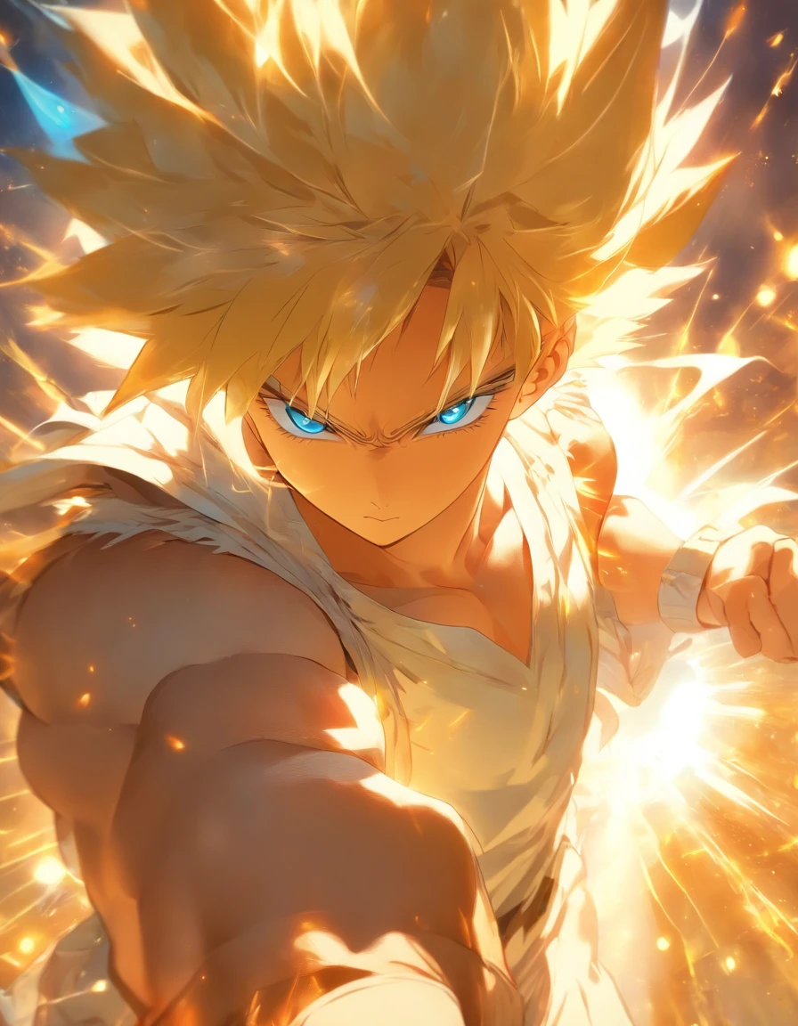 foreshortening,  depth of field, masterpiece, best quality, 1man, blonde hair, blue eyes,  short hair, wearing white and gold hole vest, solo, looking at viewer, standing heroically,  sun rays shining down,