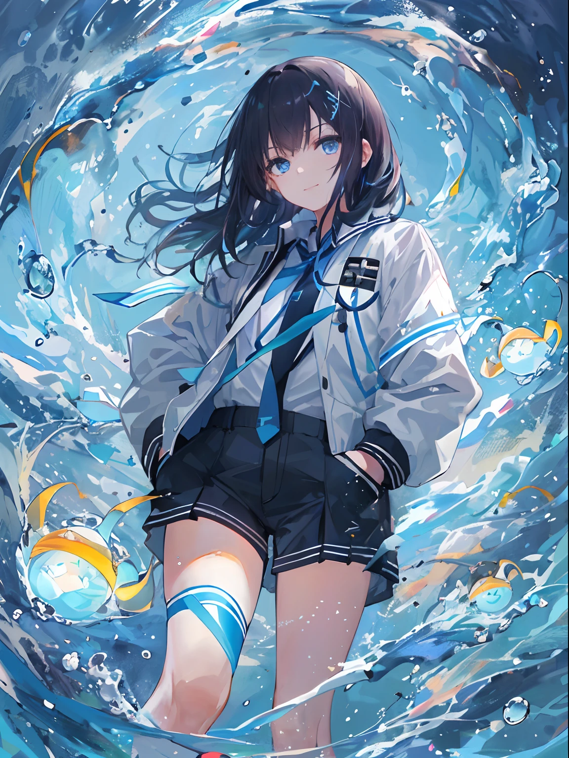 ((top-quality)), ((masterpiece)), ((ultra-detailliert)), (extremely delicate and beautiful), girl with, 独奏, cold attitude,((Black jacket)),She is very(relax)with the(Settled down)Looks,A dark-haired, depth of fields,evil smile,Bubble, under the water, Air bubble,bright light blue eyes,Inner color with black hair and light blue tips,Cold background,Bob Hair - Linear Art, shortpants、knee high socks、White uniform like school uniform、Light blue ribbon ties、Clothes are sheer、Hands in pockets