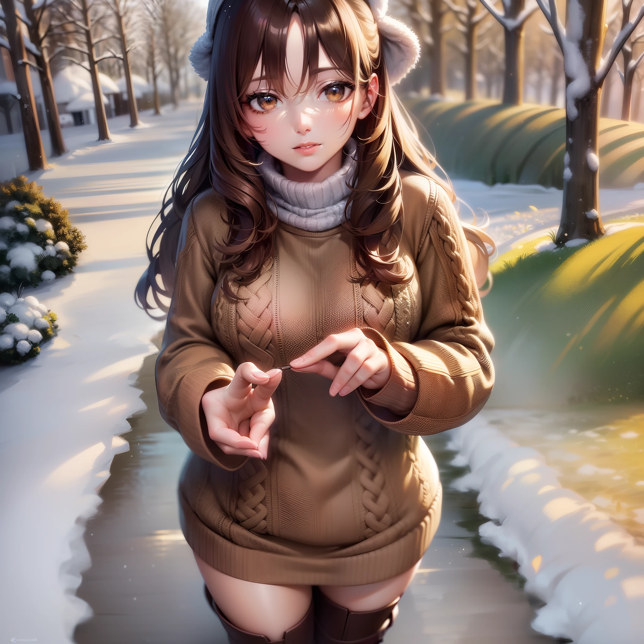 (Highly detailed CG Unity 8k wallpaper, masterpiece, top quality)　(Perfectly proportioned hands with one thumb and four fingers) (Adult woman in her early 20s wearing a knitted sweater with precision knitting) (Clean body line) Clean face Shiny light brown eyes staring at the viewer (realistic brown boots) Hiki composition Standing figure Snowy landscape