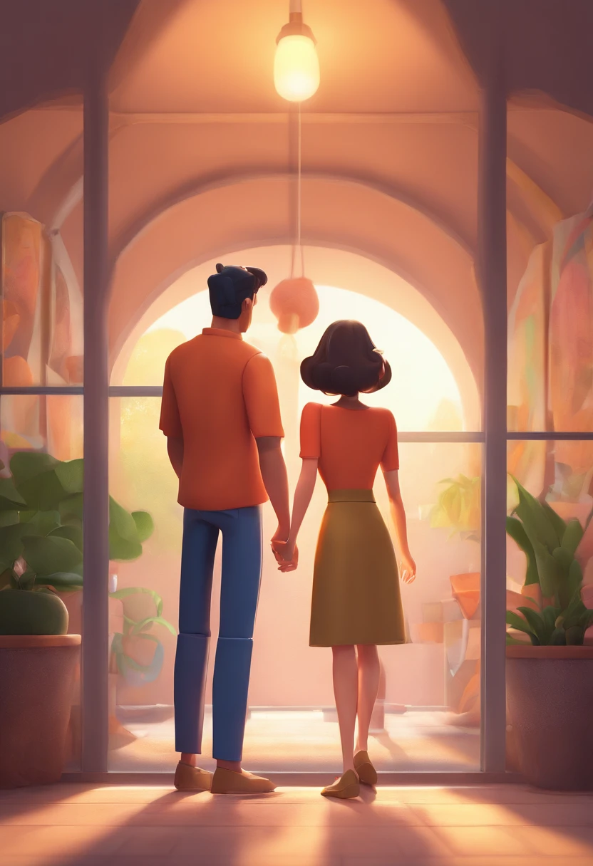 An illustration of an adorable couple, destacando um homem e uma mulher com bonito, Expressive eyes – the man's skin is black and the man's hair is bald and black, while the woman's skin is black and the woman's hair is curly and brown. They are a bright room, cada um com um sorriso no rosto, e compartilhar um momento especial caracterizado pelo amor, arroz, e insights educacionais. Illustrate this scene from a perspective where they are facing away from the camera, Showing Your Connection. Desenvolva esta arte em Full HD, Focus on your cinematic touch, Estilo Disney Pixar Animations