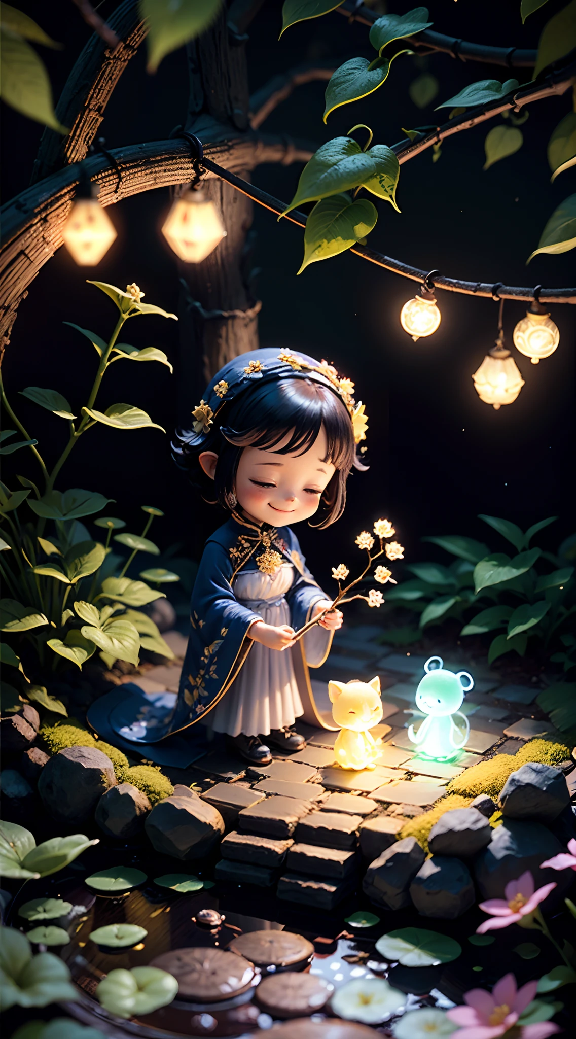 Miniature scene in the magic garden, with delicate flowers and softly illuminated branches,,,,,, Two miniatures cheerful and smiling、Deformed Chara 2: Black Wizard Girl、Autumn foliage（Miniature Cerberus）（Miniature Ghost、Pretty）