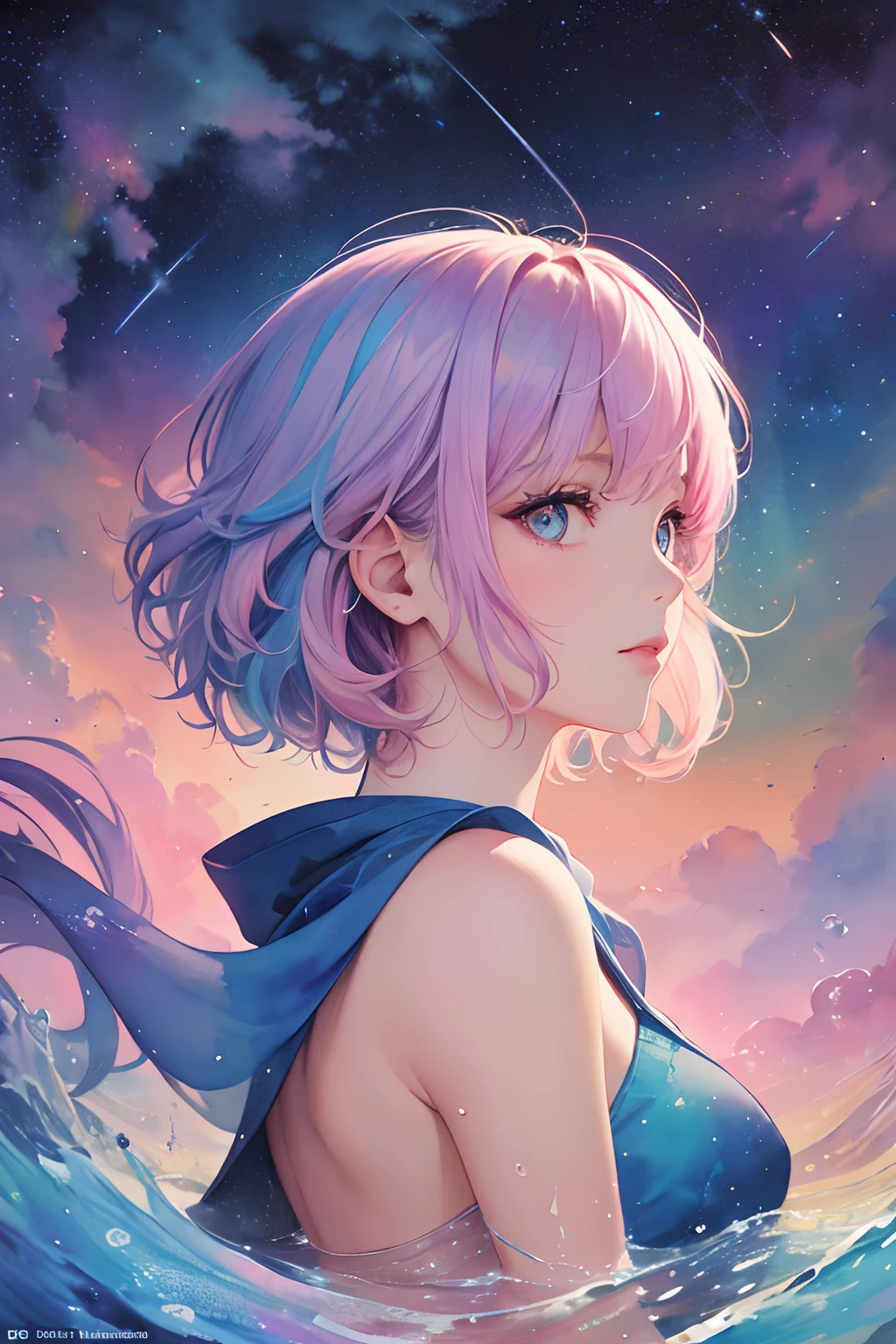 (masterpiece, top quality, best quality,watercolor (medium),official art, beautiful and aesthetic:1.2),(1girl:1.3), (fractal art:1.3),upper body, from side, looking at viewer,patterns,(rainbow color Hair,colorful hair,half blue and half pink hair:1.2),water,liquid, cloud,colorful, starry,stars,