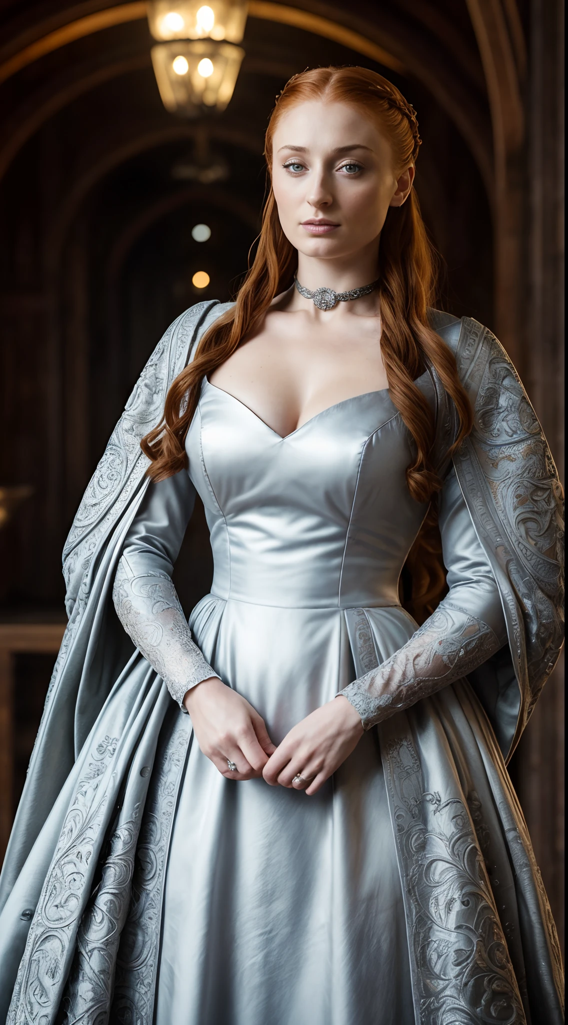 high quality photograph of  (extremely hot 45 years old Sophie Turner, Sansa Stark , 6ft tall woman) ( insanely detailed skin texture, shiny skin, attractive texture, wrinkles ,pores,lines), Sansa Stark, Extremely gorgeous lady, Sansa Stark PLAYED BY Sophie Turner, Queen Sansa Stark, she is a mature woman now, milf, sexy mediaeval battle dress, body, 45 years old Woman, body revealing costumes, perky breast, alluring figure, big natural breast, mediaeval costumes, mediaeval queen dress, erotic costumes, lusty physique, seductive figure can capture every people's attention, Game of thrones costumes, revealing captivating figure, Mediaeval costumes, revealing clothes, she would rather fence than dance, warrior queen ,( game of thrones world )[depth of the field] ((intricate detail, detailed textures)) ((perfect body parts, Kodak 200T, bright lighting, soft  lighting ,global illumination ,Clear facial features, 85mm, 100mm lens, f/1.8 uplight, Ilford film stock --ar 16:9 --q 2 --v 5, Create ultra-detailed images textures, capturing every detail with precision ))