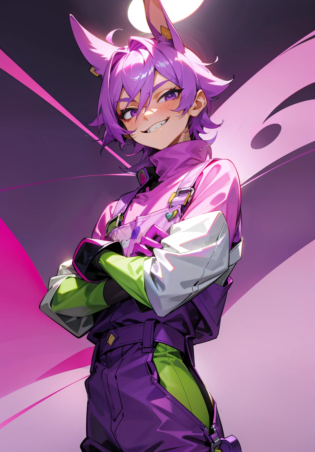 boy wearing a soft purple turtle neck outfit, with a pink fuchsia-colored overalls , yellow gloves, smile with teeth, purple rabbit ear, smirk rizz face, shy, killer looks, attractive