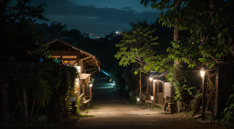 a hyper realistic photography of the an aerial view of Night Jungle Trekking in Langkawi in Langkawi, no people, Nikon D850 DSLR 4k camera, 100mm lens, F 1.2 aperture setting, bright and natural lighting, vibrant, fun and relaxing atmosphere