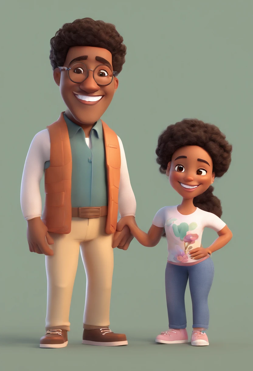 An illustration of an adorable couple, Highlight for a chubby mulatto man with smiling glasses and a brunette woman with beautiful expressive eyes - the man's skin is mulatto and the man's hair has, while the woman's skin is black and the woman's hair is straight and brown. They are a bright room, cada um com um sorriso no rosto, e compartilhar um momento especial caracterizado pelo amor, Insights. Illustrate this scene from a perspective where they are facing the camera, Smiling and Showing Your Connection. Desenvolva esta arte em Full HD, Focus on your cinematic touch, Estilo Disney Pixar Animations
