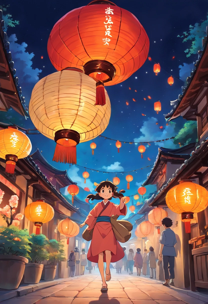 The above color picture is the original picture，No characters need to appear，Only the scene of the night scene of the ancient Lantern Festival is depicted，Drawn in a simple cartoon flat painting technique