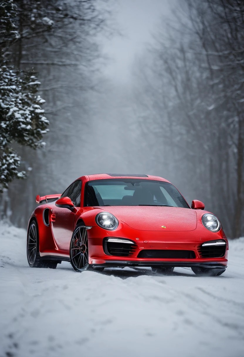 porche 911 turbo en la nieve derrapando con lluvia