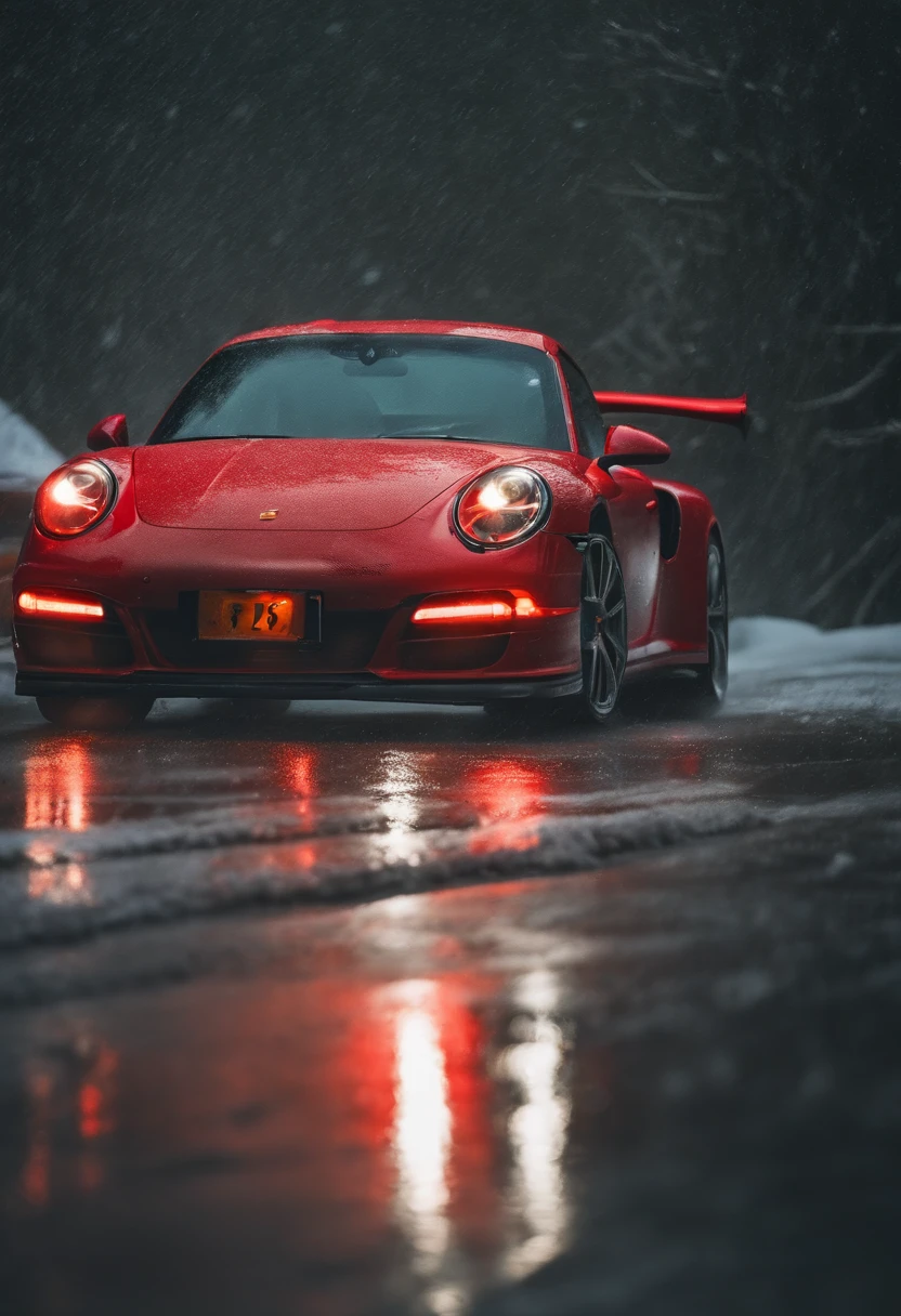 porche 911 turbo en la nieve derrapando con lluvia
