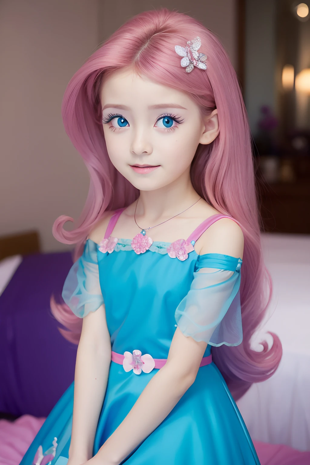 bit girl,A princess,blueneyes,largeeyes,Curled eyelashes,Pink Long Hair,a blue dress,butterflys