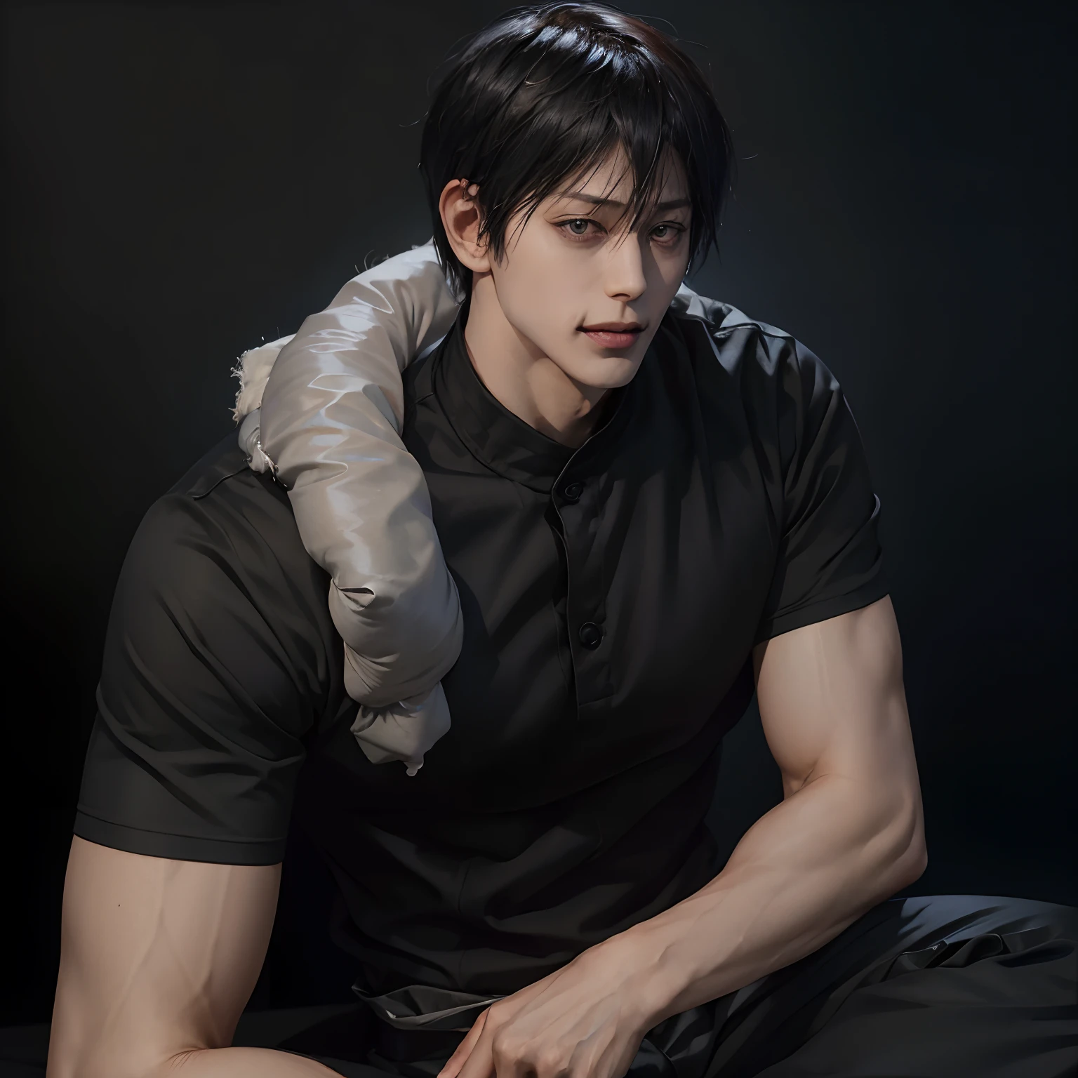 1man, toji fushiguro in anime jujutsu kaisen, short hair , black hair ,black eyes, smile, handsome, black shirt , realistic clothes, detail clothes, white background, ultra detail, realistic, hot sitting pose, hot daddy, high angle view, long angle view, look at camera