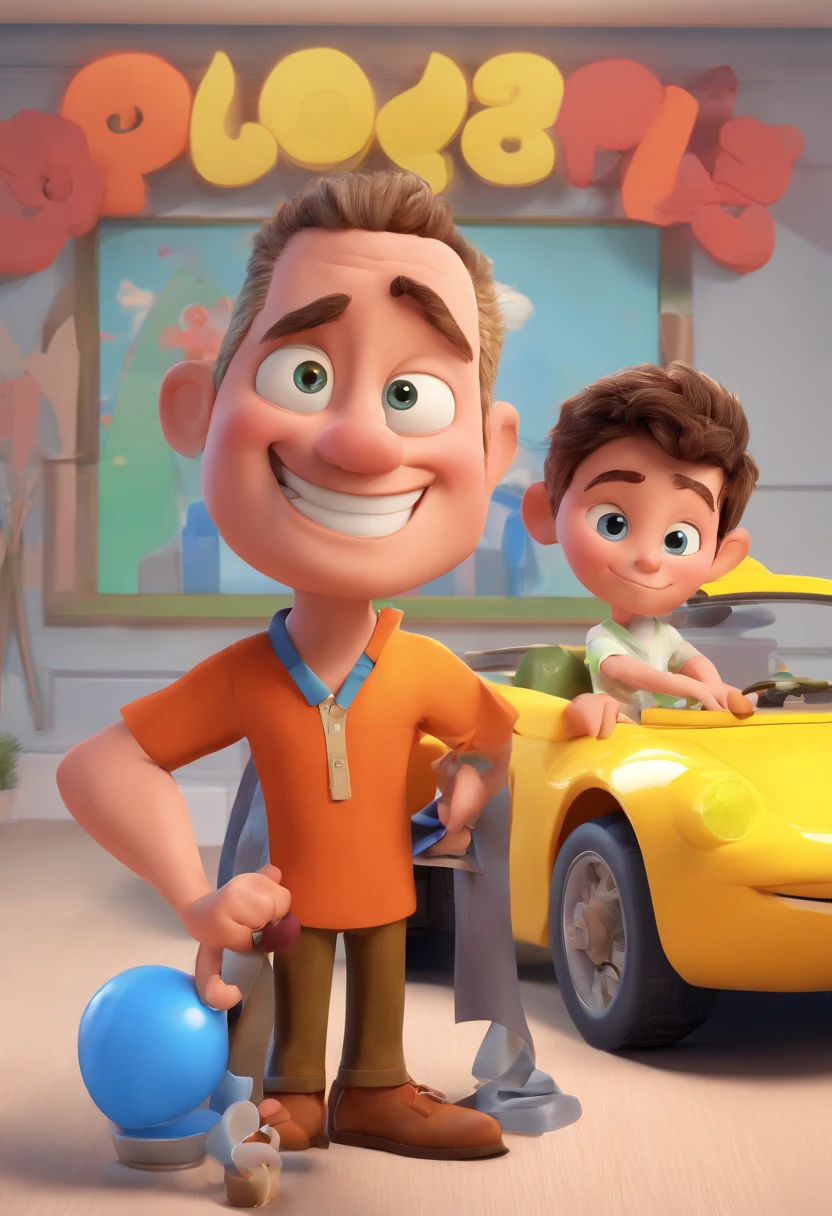 Estilo Pixar: The grown man is holding a naked blue-eyed boy and in his other hand he is holding a pair of scissors and is trying to cut off the boy's testicles,3D Poster,Disney