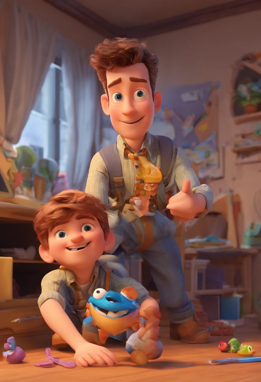 Estilo Pixar: The grown man is holding a naked blue-eyed boy and in his other hand he is holding a pair of scissors and is trying to cut off the boy's testicles,3D Poster,Disney