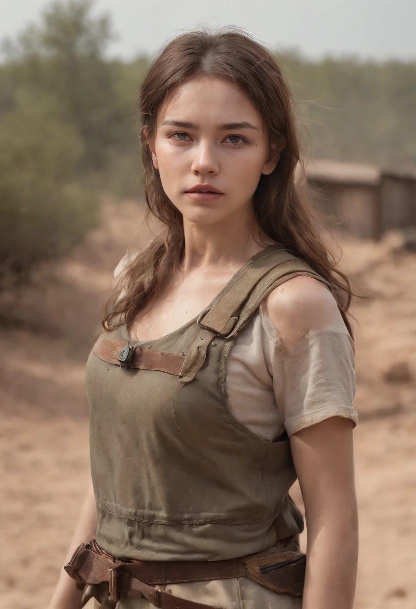 A stunning 18-year-old woman in a post-apocalyptic wilderness, survivor, Dirty clothes are torn, dirty face and body, dirty hair, junk, Messy expressions, hard, Ligatures, Gift, Regatta T-shirt, vests, military pants, badass, Detal Face, photorealiscic face, photorealistic eye, Normal hands, tmasterpiece, ::Post-apocalyptic styler, 复杂, ultra - detailed,  ellegance, dazzling, (Wallpapers), concept-art, intricately details, highly  detailed, ((cinematic ligh)), Dramatic, (highest  quality, Awarded, tmasterpiece:1.5), (Fotorrealista:1.5), photography of, Realistic photo, Nikon, natural soft light, 4K, High definition, XF IQ4, 150 megabytes, 50 millimeters, ISO 1000, 1/250s, natural soft light, Adobe Lightroom, photolab, Photographic affinity, Director of Photography 365,  ::n_Style (((Deformed hands))), ((deformed face)), digitial painting,