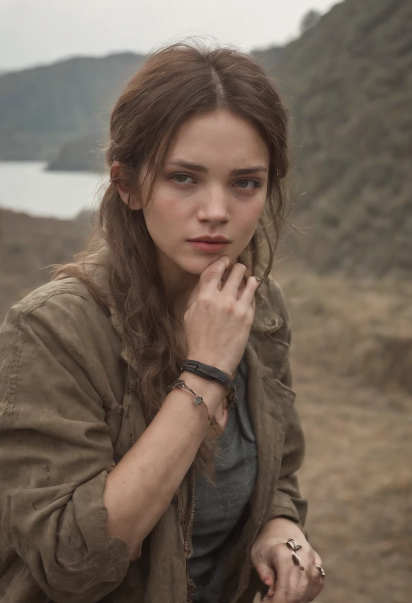 A stunning 18-year-old woman in a post-apocalyptic wilderness, survivor, Dirty clothes are torn, dirty face and body, dirty hair, junk, Messy expressions, hard, Ligatures, Gift, Regatta T-shirt, vests, military pants, badass, Detal Face, photorealiscic face, photorealistic eye, Normal hands, tmasterpiece, ::Post-apocalyptic styler, 复杂, ultra - detailed,  ellegance, dazzling, (Wallpapers), concept-art, intricately details, highly  detailed, ((cinematic ligh)), Dramatic, (highest  quality, Awarded, tmasterpiece:1.5), (Fotorrealista:1.5), photography of, Realistic photo, Nikon, natural soft light, 4K, High definition, XF IQ4, 150 megabytes, 50 millimeters, ISO 1000, 1/250s, natural soft light, Adobe Lightroom, photolab, Photographic affinity, Director of Photography 365,  ::n_Style (((Deformed hands))), ((deformed face)), digitial painting,