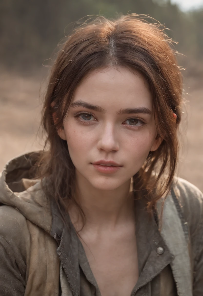 A stunning 18-year-old woman in a post-apocalyptic wilderness, survivor, Dirty clothes are torn, dirty face and body, dirty hair, junk, Messy expressions, hard, Ligatures, Gift, Regatta T-shirt, vests, military pants, badass, Detal Face, photorealiscic face, photorealistic eye, Normal hands, tmasterpiece, ::Post-apocalyptic styler, 复杂, ultra - detailed, ellegance, dazzling, (Wallpapers), concept-art, intricately details, highly detailed, ((cinematic ligh)), Dramatic, (highest quality, Awarded, tmasterpiece:1.5), (Fotorrealista:1.5), photography of, Realistic photo, Nikon, natural soft light, 4K, High definition, XF IQ4, 150 megabytes, 50 millimeters, ISO 1000, 1/250s, natural soft light, Adobe Lightroom, photolab, Photographic affinity, Director of Photography 365, ::n_Style (((Deformed hands))), ((deformed face)), digitial painting,