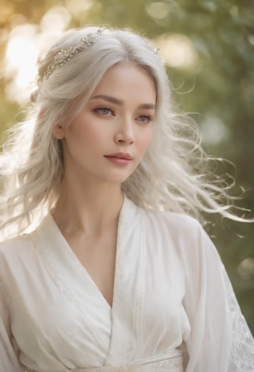 Beautiful female emperor, Crystal clear skin, Beautiful appearance, There is deep wisdom in her eyes, As if she saw through everything in the world, Dressed in a gorgeous white robe, holding a long sword, Robe fluttering in the breeze and silver hair fluttering in the wind, White robes perfectly outline the graceful figure, The attitude is calm and idyllic, Like the perfect fairy