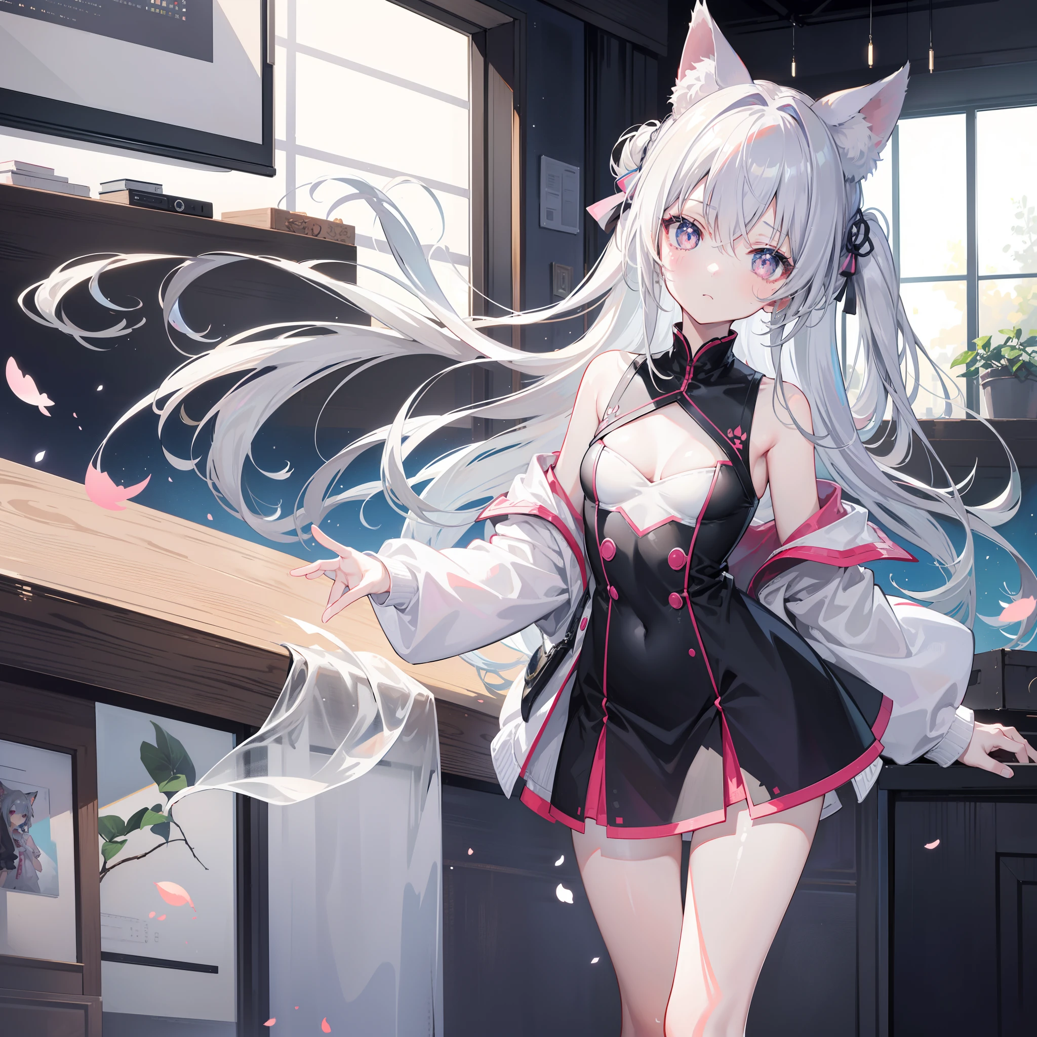 (masutepiece, High quality, High resolution, Highest Quality),
break
Blurry background, (Color: 0.7), (Eye focus: 1.2), gaze at the audience, The upper part of the body_Body, fish eye, (Indoor: 1.1), Cute, Warm light, Cute cat ears,
break
1 Lori, Standing, Solo, ^ ^, (leaning_Forward:1.1), missiles_Behind_Back, (Eyes open:1.1), Head_tilt, Bare shoulders, small tits , long eyelashes, 鎖骨, (blush:0.95),
break
Shiny skin, Shiny hair, (Bright pupils: 1.1), curious, Delicate eyes, Hair Accessories, Long hair, Hair up, Gray hair, Miniskirt, shiny eyes,