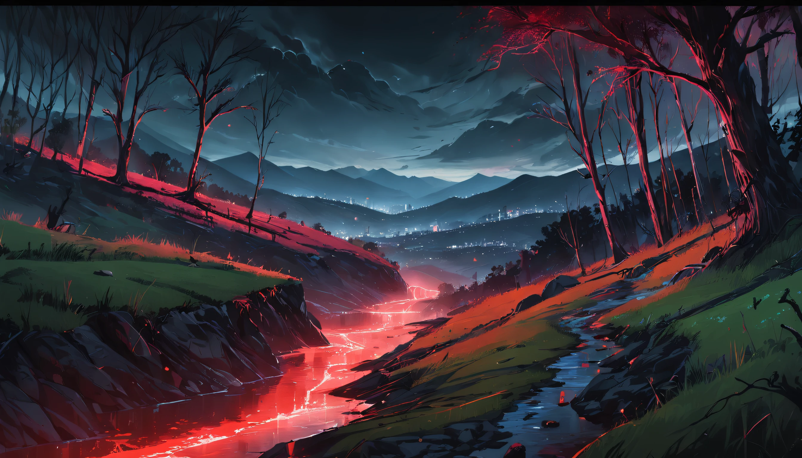 (masterpiece, best quality:1.4), cinematic light, colorful, high contrast, mountain, grass, tree, night, (horror (theme):1.2), (mon(masterpiece, best quality:1.4), (captivating digital art), cinematic lighting, colorful, high contrast, eerie mountain landscape, lush grass, twisted trees, night scene, (horror theme:1.2), (menacing monster:1.2) lurking in shadows, dark atmosphere, blood rain pouring down, blood-red river flowing, haunting blood moon in the sky, chilling and intense visual experiencester:1.2), dark, blood rain, blood river, blood moon