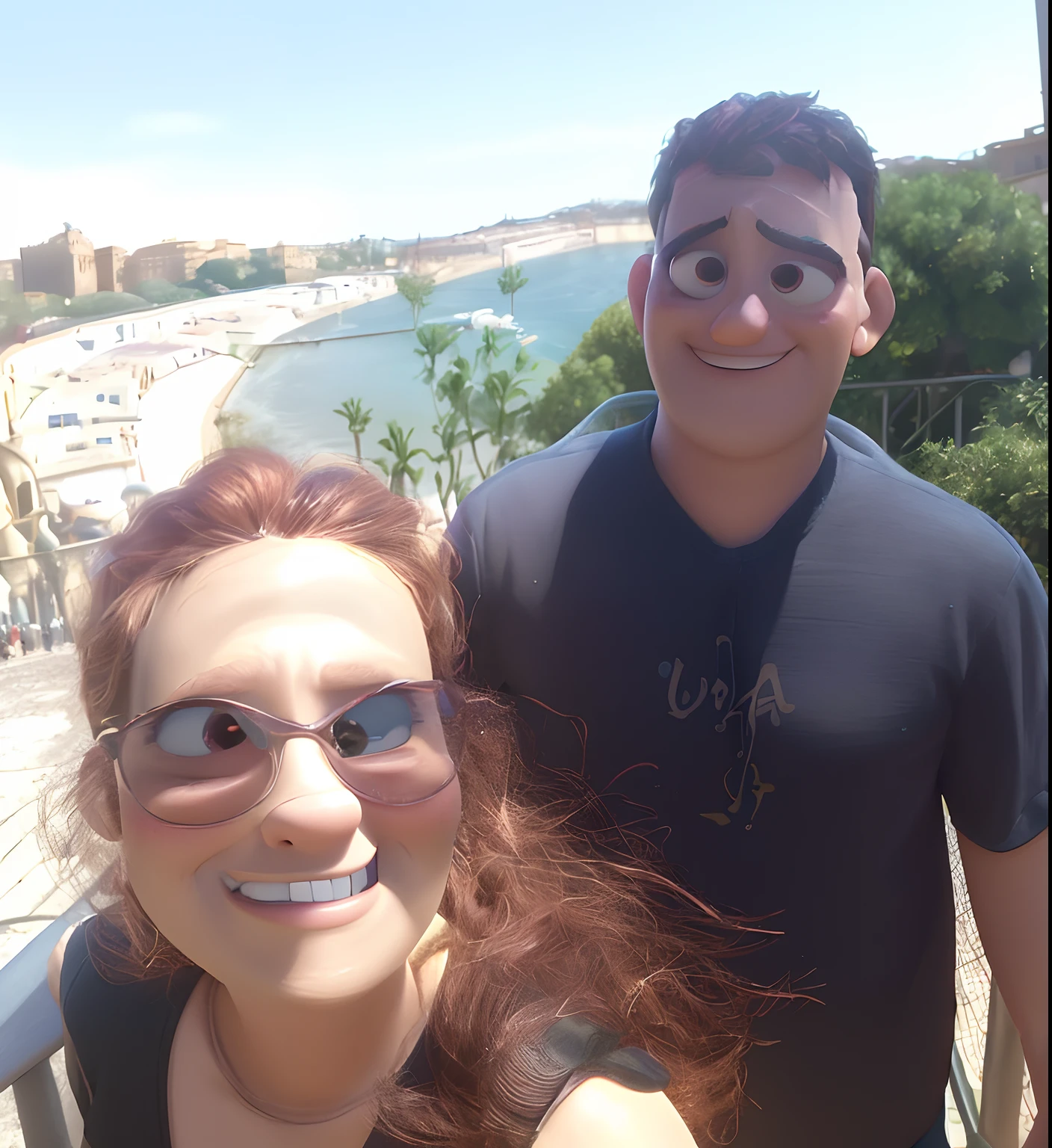 Pixar style cartoon poster of a couple vacationing in Rome with the title "Uma Viagem Muito Louca"