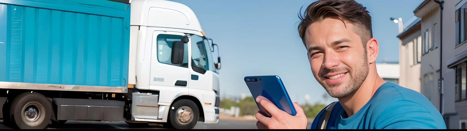 Man with mobile phone in front of blue truck,