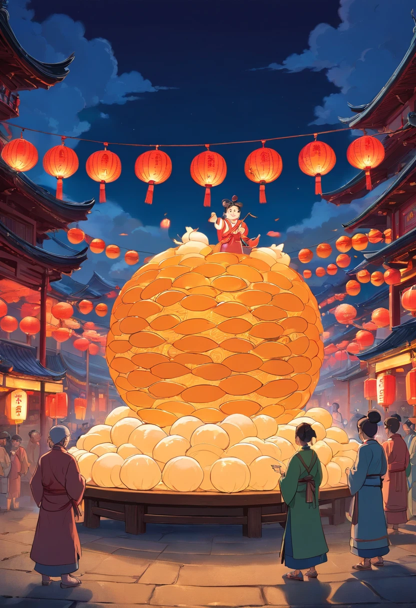 Draw a picture of the animation scene of the Yuanxiao (Filled round balls made of glutinous rice-flour for Lantern Festival) Festival with the ancient background in a flat painting way. No characters are needed