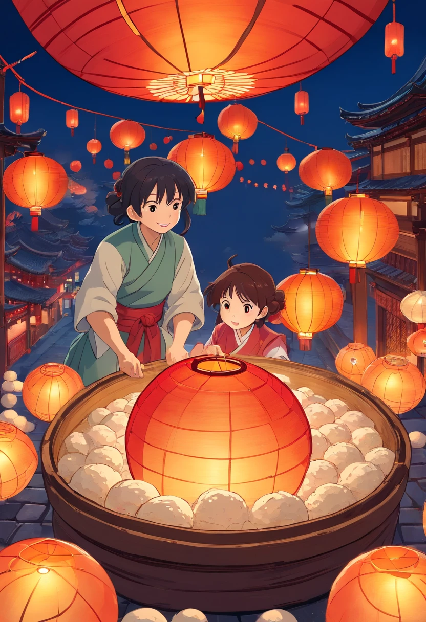 Draw a picture of the animation scene of the Yuanxiao (Filled round balls made of glutinous rice-flour for Lantern Festival) Festival with the ancient background in a flat painting way. No characters are needed