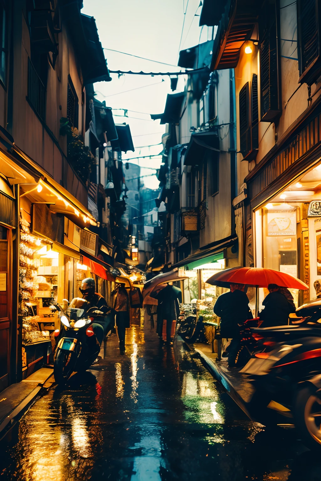 ((masutepiece)),((Best Quality)),((high detailing)),((Realistic,)) Cities in the future, deep canyon in the middle, architectural streets, bazaars, bru, Cyberpunk, European architecture, rainy evening, neons, Futuristic motorcycle