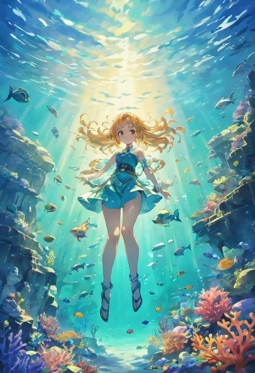 (best quality,4k,8k,highres,masterpiece:1.2),detailed illustration,underwater scene,oceanic beauty,mermaid swimming,sunlight filtering through water,coral reef,exotic marine life,colorful fish,sparkling water,serene atmosphere,tranquil,submerged shipwreck,schools of fish,dolphin playing,happy mermaids,seashells,treasure chests,seagulls flying,crystal clear water,tropical paradise,deep sea exploration,waves crashing against rocks,vibrant colors,lush vegetation,mythical creatures,hidden treasures,ship sailing in the distance,majestic underwater caves,sunken city sorrounded by fish,glowing jellyfish,dreamlike scenery,stunning visuals.