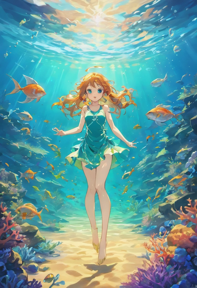 Photos under the sea,Draw a beautiful underwater world,Best diving spots,Transparency,How beautiful,Water representation,Water movement,Fine air bubbles,realism,Beautiful diving spots that will captivate everyone,bright,Diagonal composition,Focus on the Underwater World,Photorealistic,Intricate underwater details,Fantasy,Dreamy,1 diver