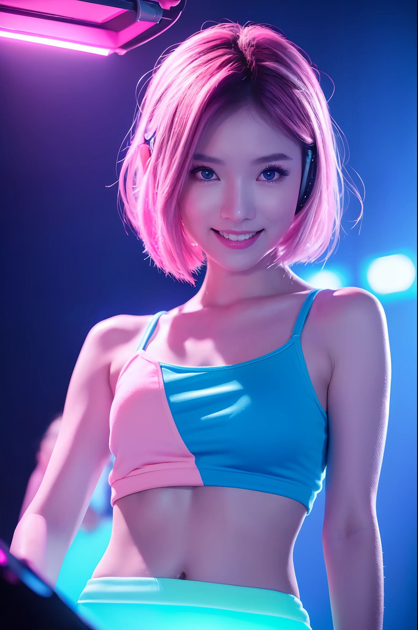 masterpiece, realistic,  a very sezy  girl with pink_headphones , short hair cool, (enjoy:1.6),(( happy eyes:1.4 )), light smile, in party, overall_happyness, dance, on in a dj booth with a mixer and a mixer board in front of her, Artgerm, toy, cyberpunk art, neogeo, ((( portrait rim light, pink, blue, ))),((( Main_lighting pink color))), (colorful:1.4), ultra sharp, ultra detail, high quality, 
lighting party dance, Lighting to Add Excitement Party, CHAUVET DJ LED Lighting, sharp shadow