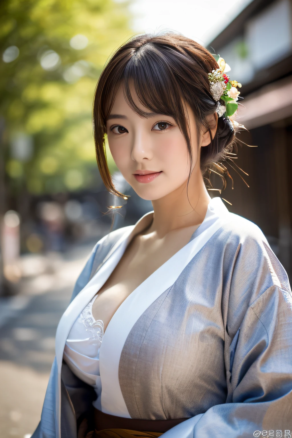 ((top-quality, in 8K, masterpiece)),40-year-old Japan model in kimono,A pretty woman with perfect figure :1.4, Slender Abs :1.2, ((dark brown hair, huge-breasted :1.4)), (wearing white button up shirt, Jean :1.1), City Street:1.2, Highly detailed face and skin texture, Detailed eyes, 二重まぶた,a close up of a woman in a kimono dress posing for a picture, goddess of Japan, Japanese Models, Colossal tits,It depicts cleavage,oppai, in a kimono, A Japanese Lady,, Seductive Anime Girl,Shoulders are sticking out,