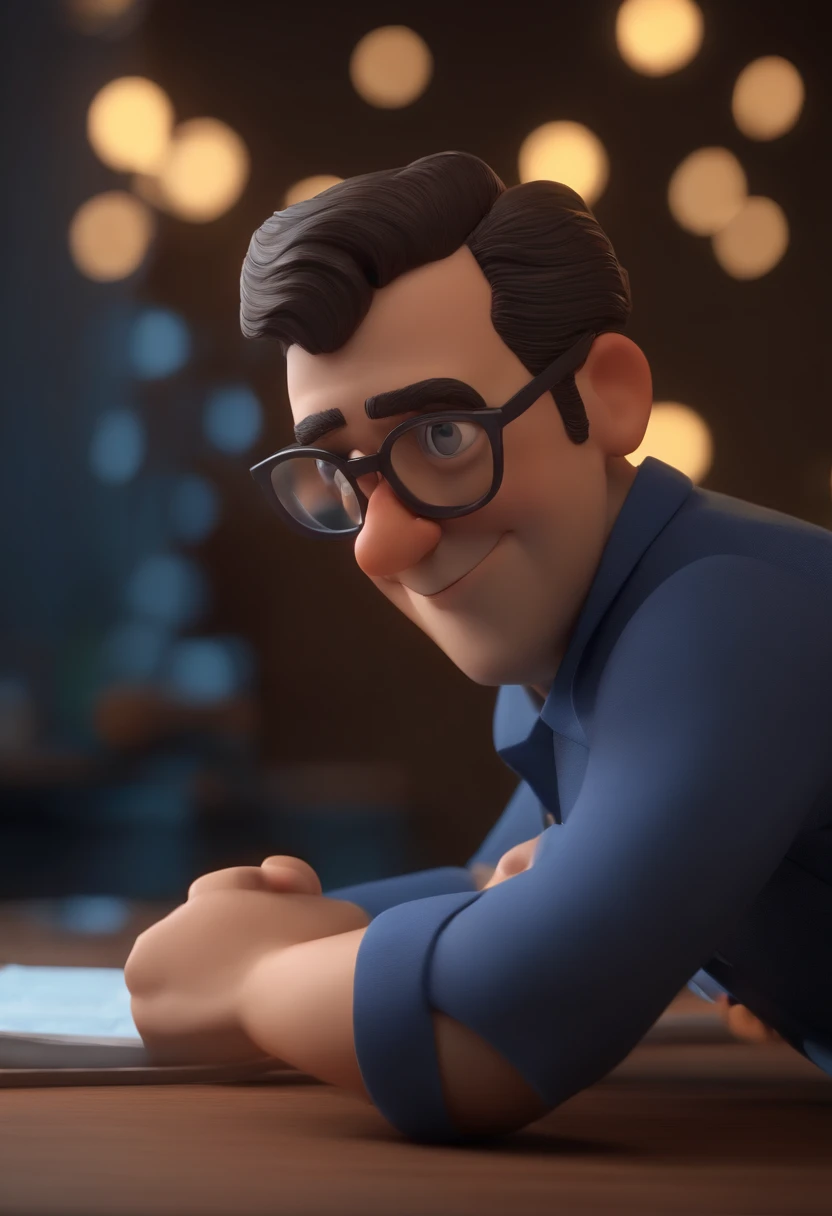 Cartoon character of a man wearing black glasses and a blue shirt, um personagem animado, Caractere estilizado, animation style rendering, 3D estilizado, Arnold Maya render, 3 d render stylized, toon render keyshot, Personagem 3D, Personagem 3D, 3d rendering stylized, 3 d character render, personagem de desenho animado, Personagem de close up, Pose de personagem, (Estilo Pixar) (master part:1.2) (Bokeh) (best quality) (pele detalhada) (textura detalhada) (8k) (argila) (Cinematic lighting) (foco nítido，Senta e vaza a parte superior do corpo