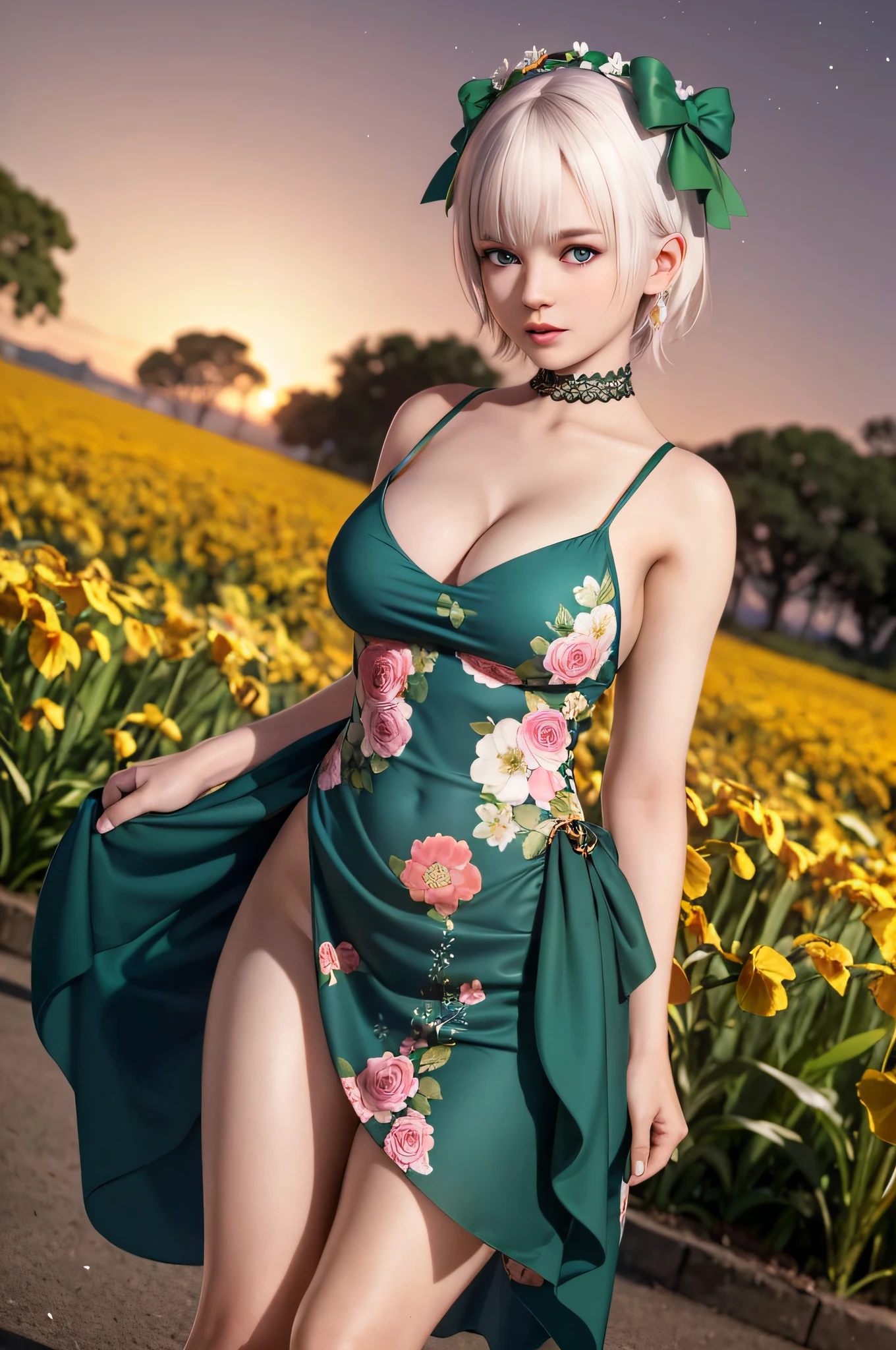 luna, 1girl, night, field, green dress, ruched, floral print