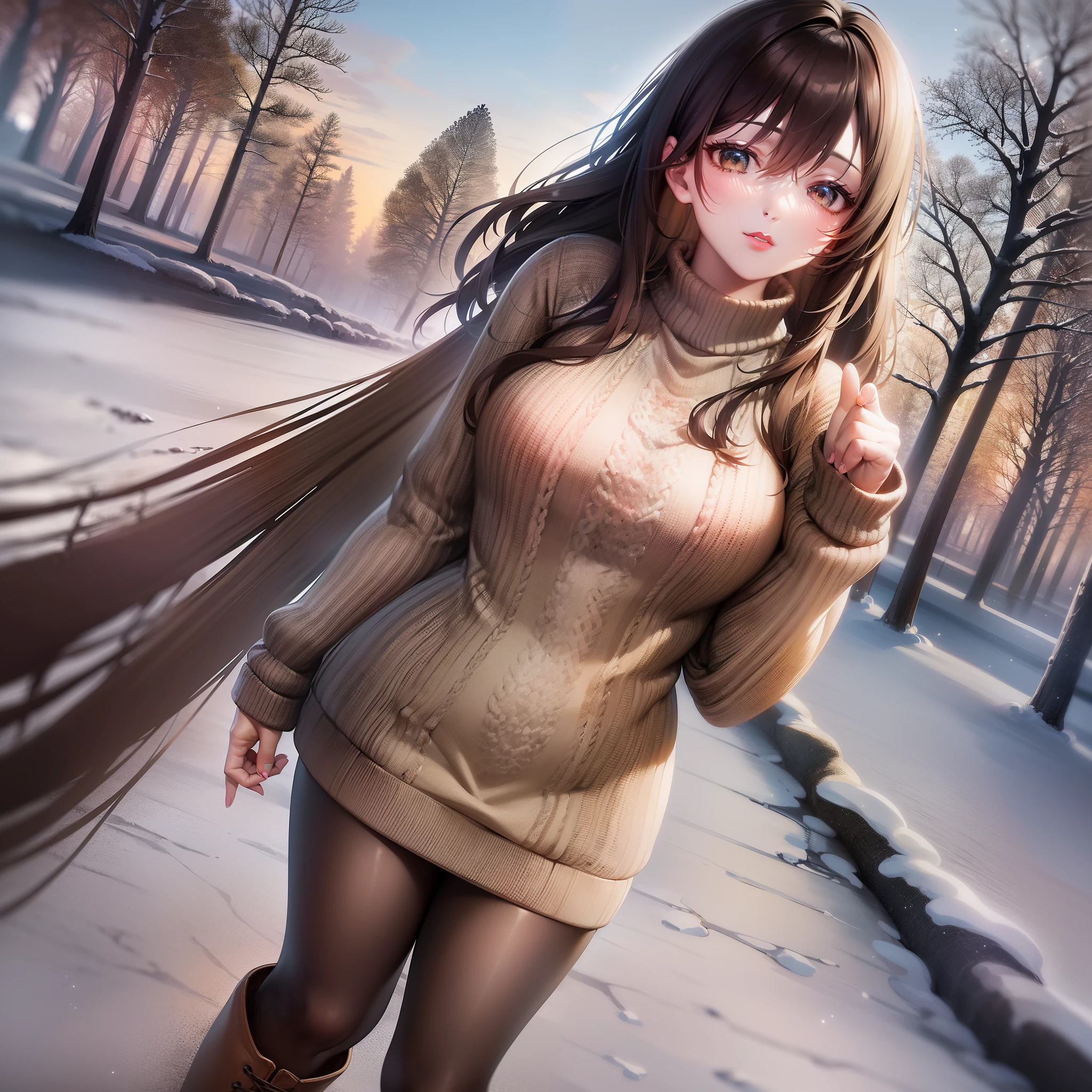 (Highly detailed CG Unity 8k wallpaper, masterpiece, top quality)　(hands of perfect proportions with one thumb and four fingers) (adult woman in her early twenties wearing a knitted sweater with precision knitting) (clean body line) Pretty face Shiny light brown eyes staring at viewer (realistic brown boots) Hiki composition Standing figure Snowy landscape (seamless black stockings) (adult woman walking on snowy road)