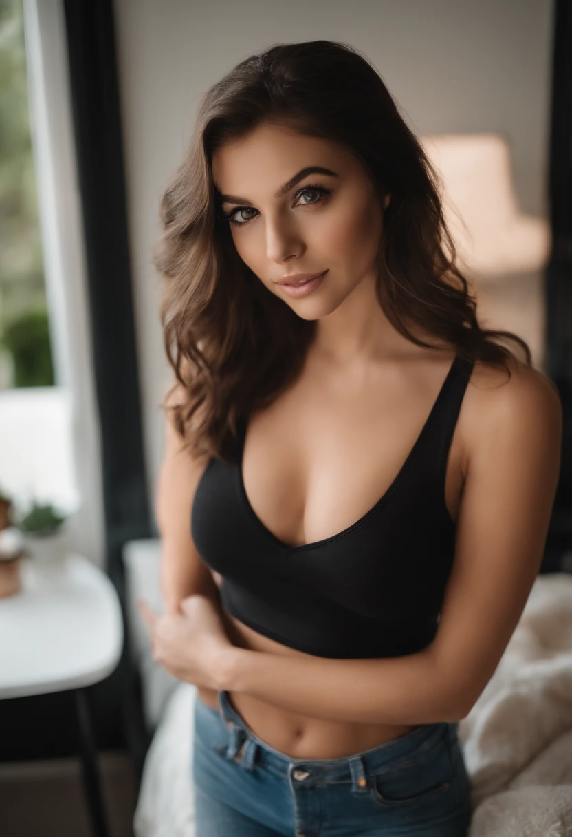 arafed woman with matching tank top covering her belly and showing her boobs and panties, sexy girl with green eyes, portrait sophie mudd, brown hair and large eyes, selfie of a young woman, bedroom eyes, violet myers, without makeup, natural makeup, looking directly at the camera, face with artgram, subtle makeup, stunning full body shot, cleavage, at the mall
