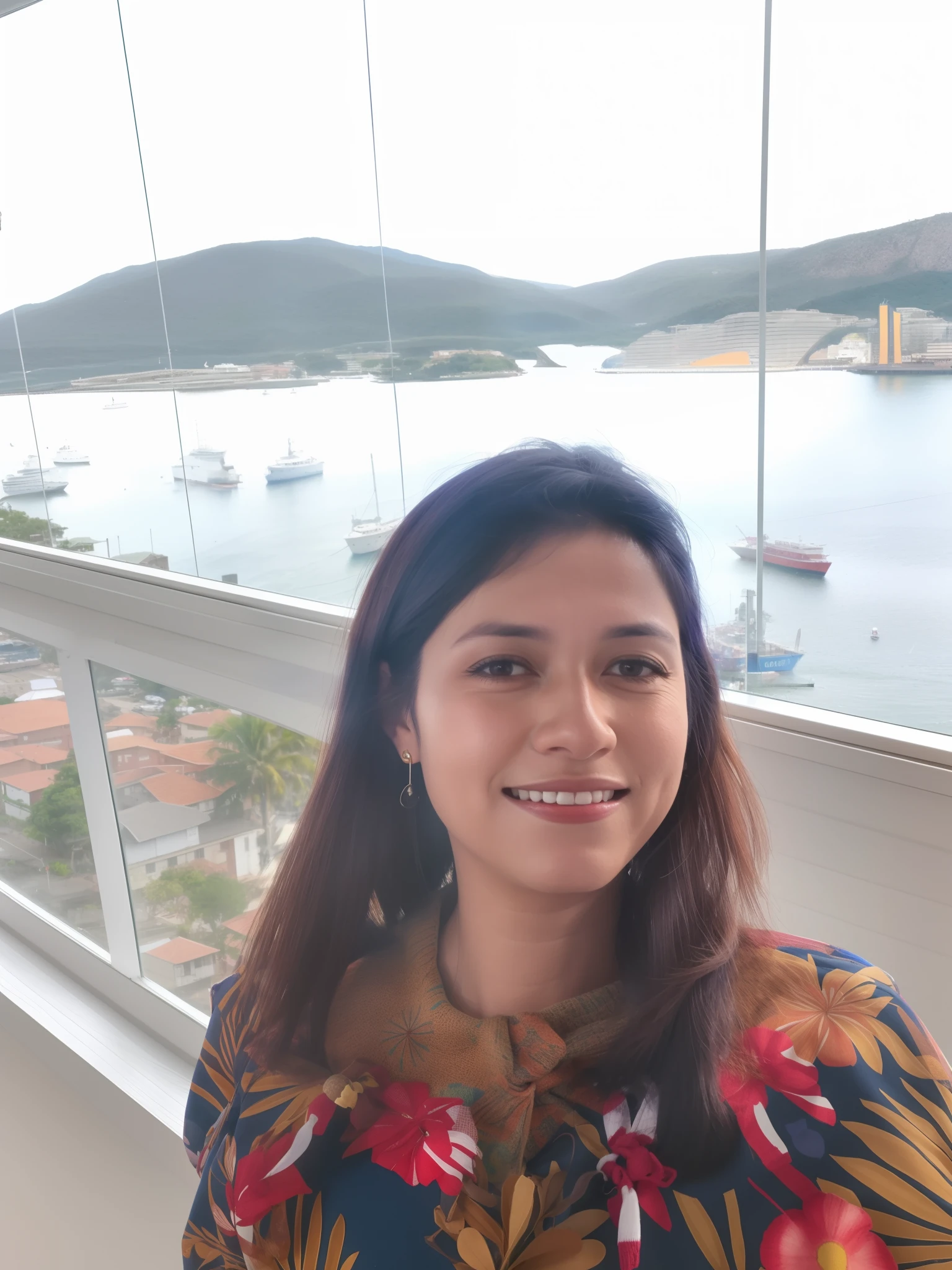 Woman standing in front of a window overlooking a harbor, Caroline Gariba, Directed by: Nandor Soldier, fernanda suarez, Malika Favre, Directed by: Luis Miranda, Marischa Becker, Directed by: Matteo Pérez, andrea rocha, Adriana DXIM, Directed by: Felipe Seade, com montanhas ao fundo, com montanhas no fundo