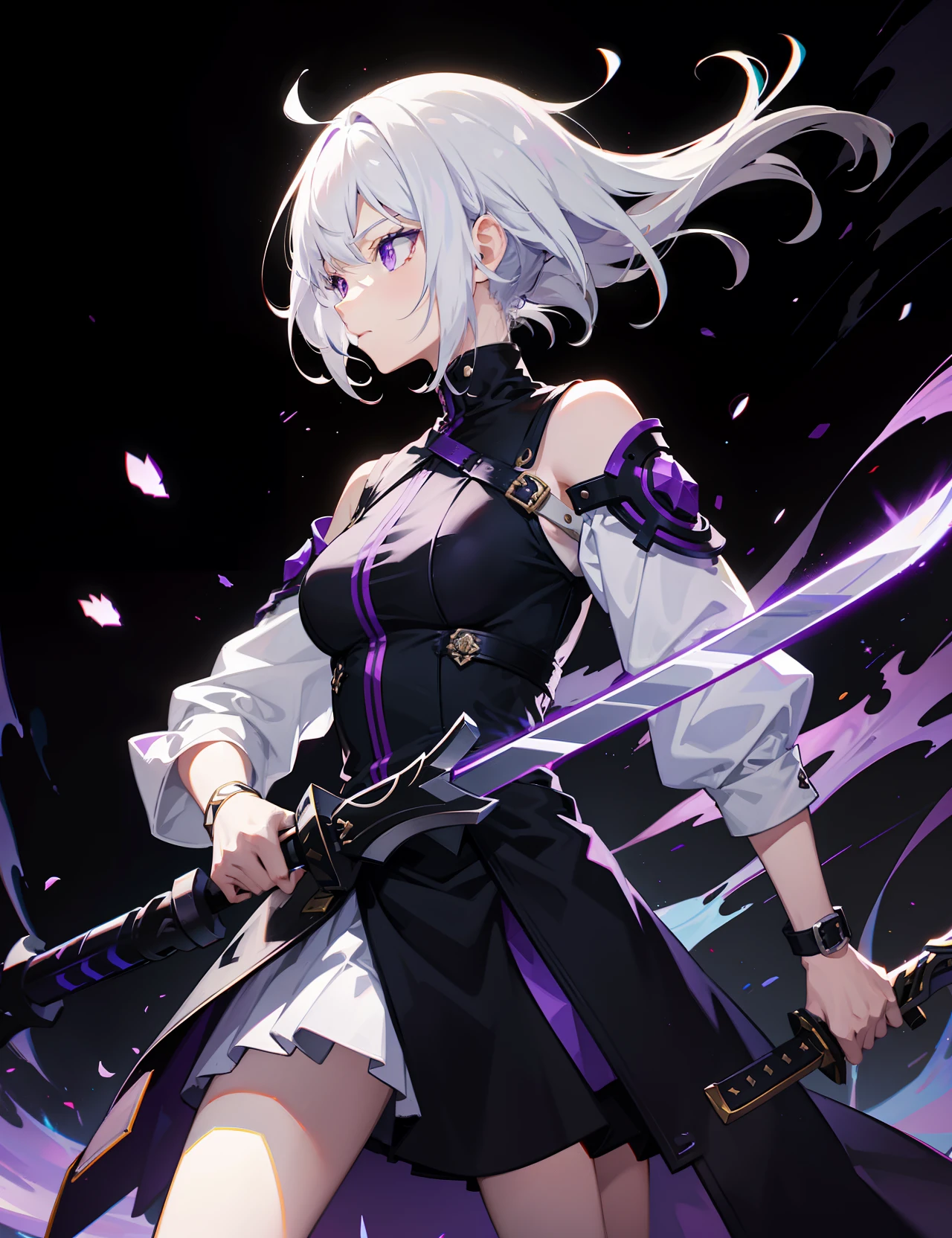 colorful, 1girl, white hair, purple eyes, dual wielding, sword, holding sword, blue flames, glow, glowing weapon, light particles, wallpaper, chromatic aberration,