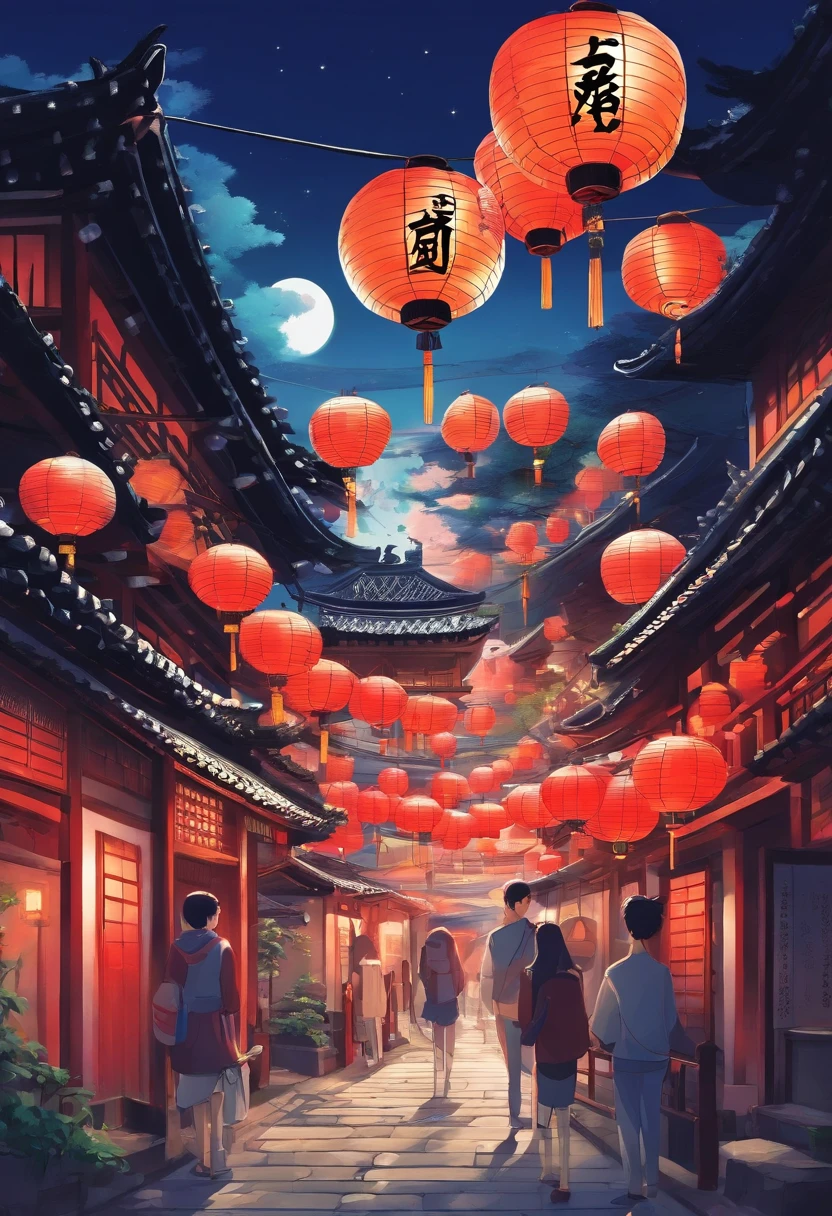 The above color picture is the original picture,No characters need to appear,Only the scene of the night scene of the ancient Lantern Festival is depicted,Drawn in a simple cartoon flat painting technique