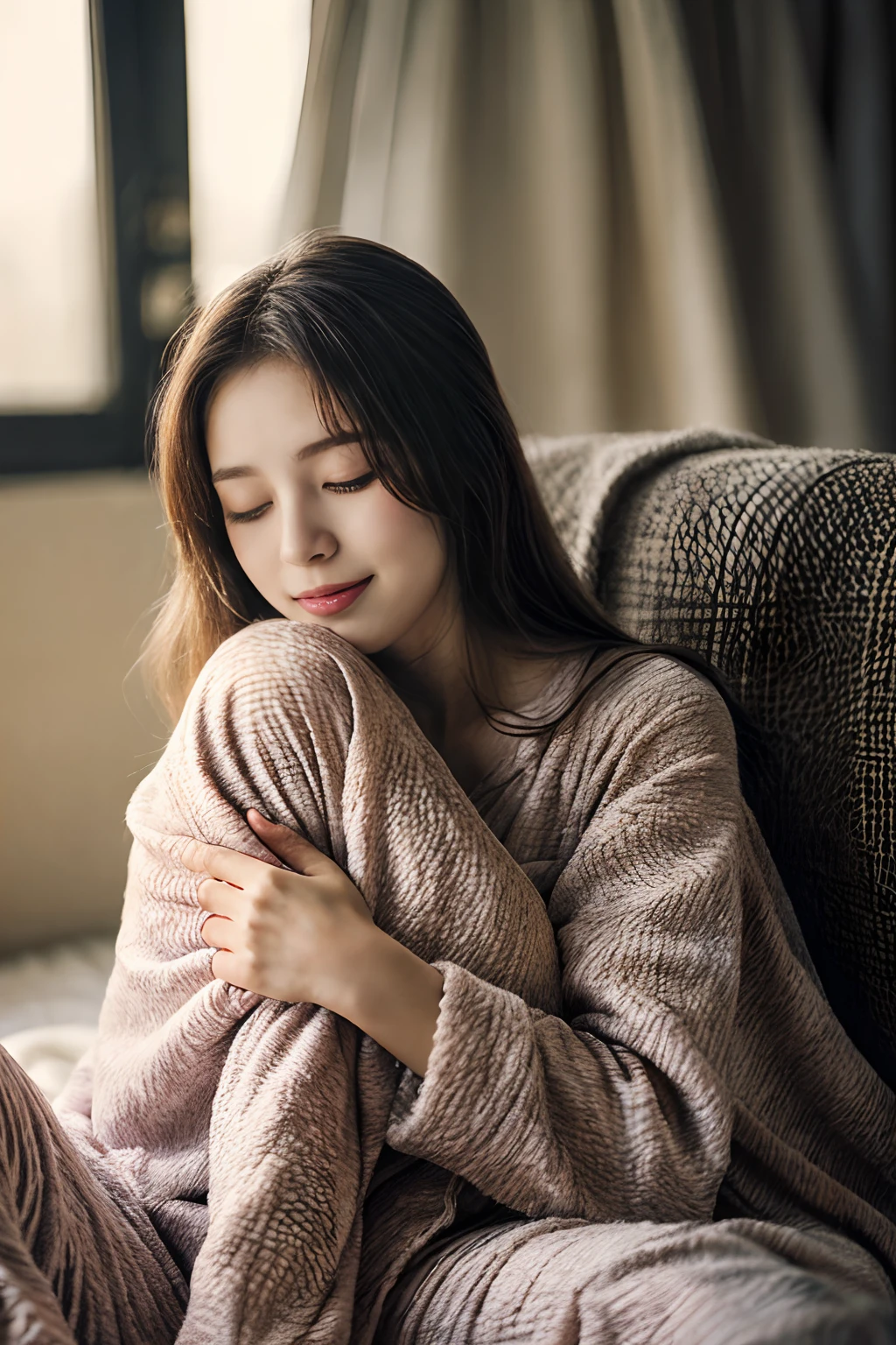 masterpiece、4K、top-quality、beautiful Korean women、detail portrayal、1 girl in、23years old、(s Pajamas、sleepy、Open one eye、Cover with a blanket:1.3)、(Very light makeup:1.2)、(filmg, Ilford HP5, 80mm)、 depth of fields、cowboy shot、ssmile、morning