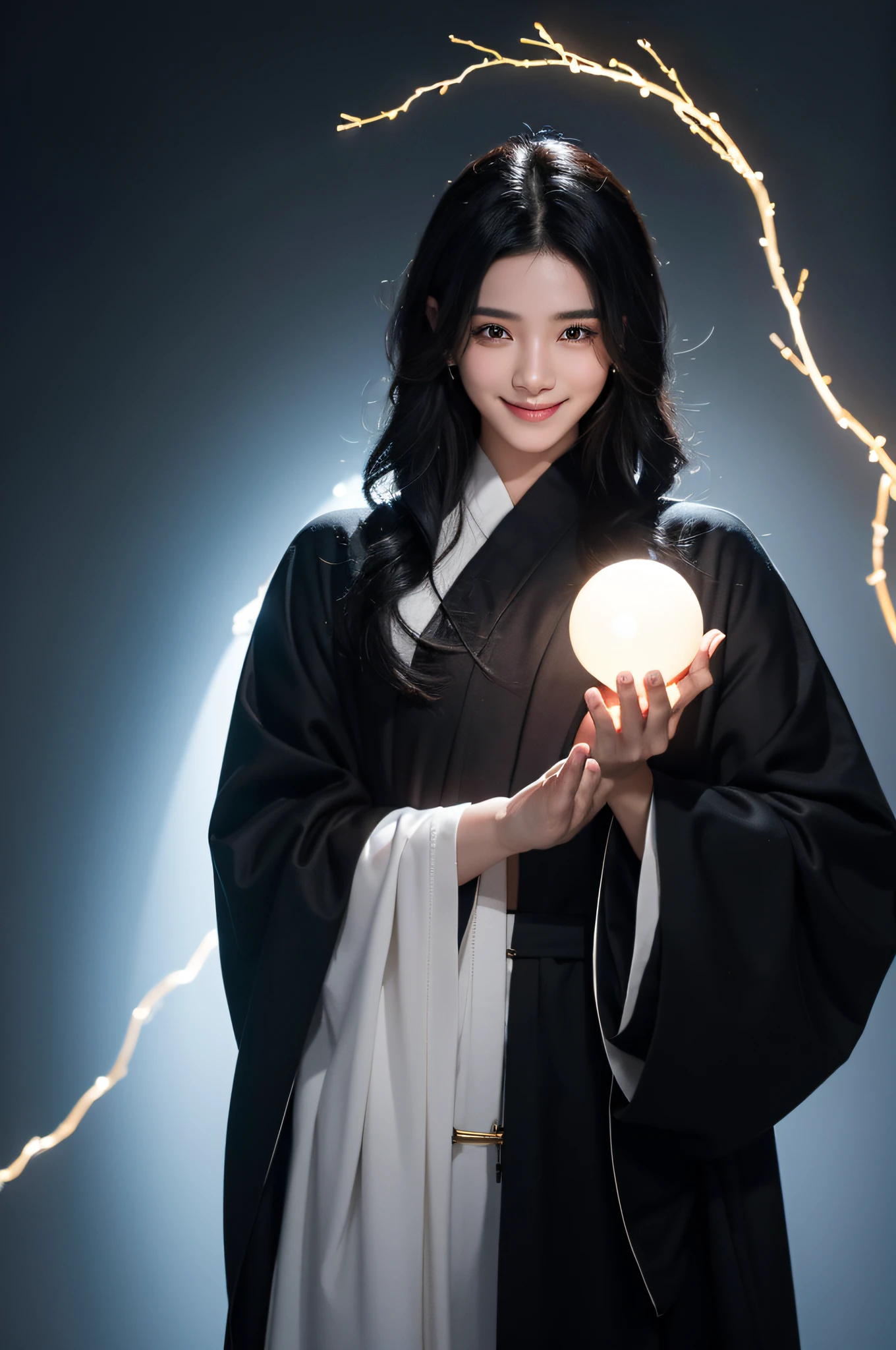 8K,Best quality，, Single, 1 person, The male， Teenage uncensored, Male god loses weight, , Black and shiny hair, With a smile，True skin radiance,with black curled hair, Gray pupils, Clear face，Realistic details，Floating ball of light, , Taoist robes, Relax, , Very spiritual